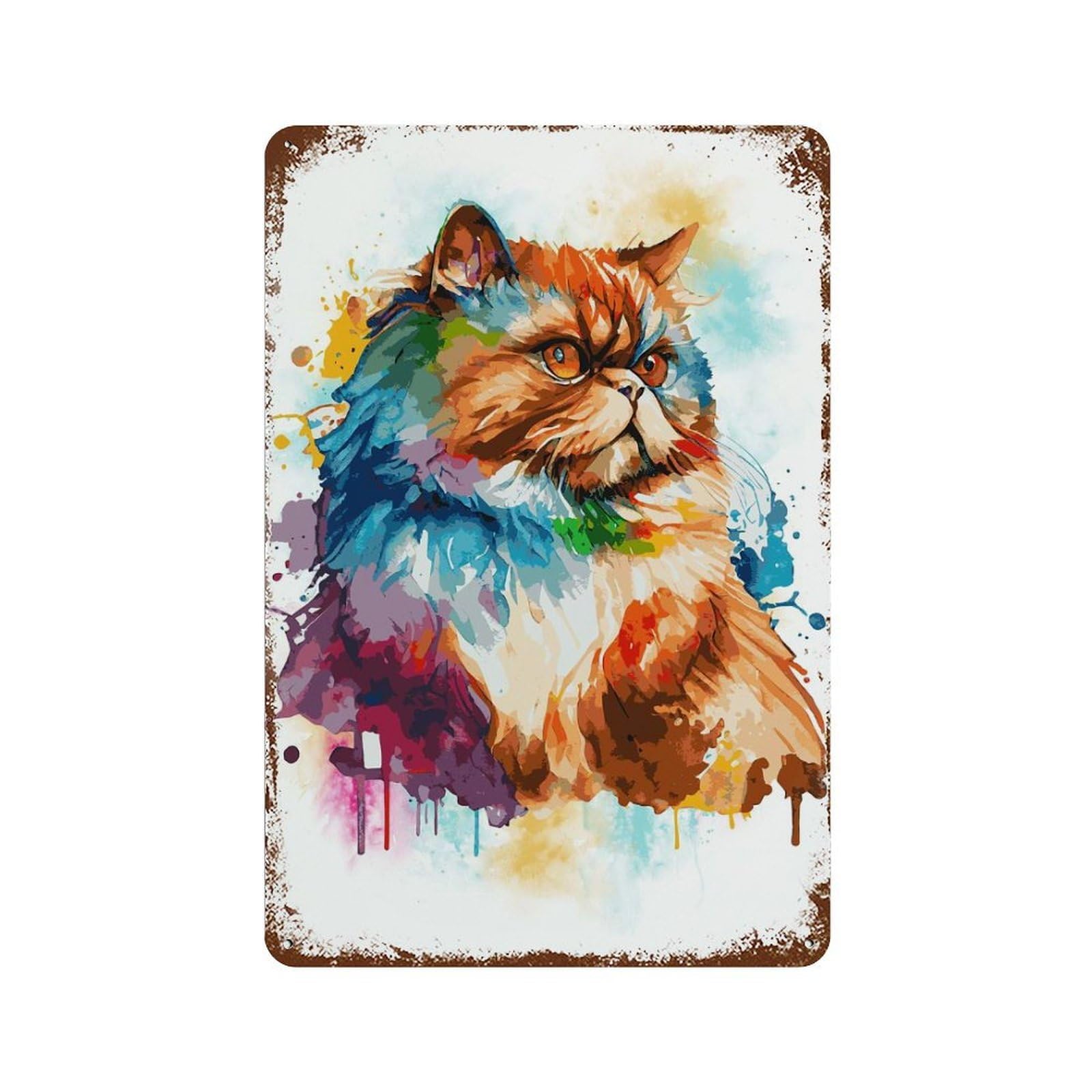 Colorful Persian Cat Art Rust Effect Tin Sign 11.8"x7.9", for Bistro, Counter And Cafe Decor, Decorative Metal Wall Art