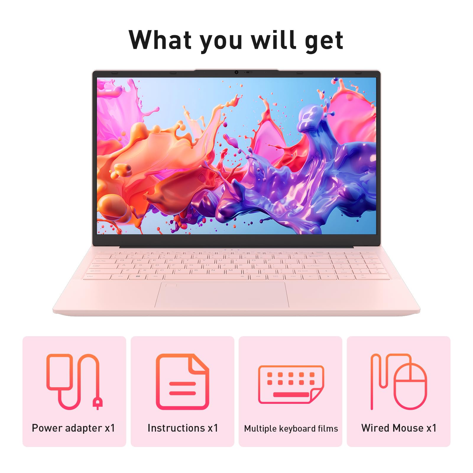Auusda 15.6" FHD Laptop for Students & Work, 16GB Dual RAM, 512GB SSD, Backlit Keyboard, Fingerprint Sensor, Pro System, Dual core Processor, Full-featured USB C, USB 3.0/2.0, HDMI, Pink — view 11