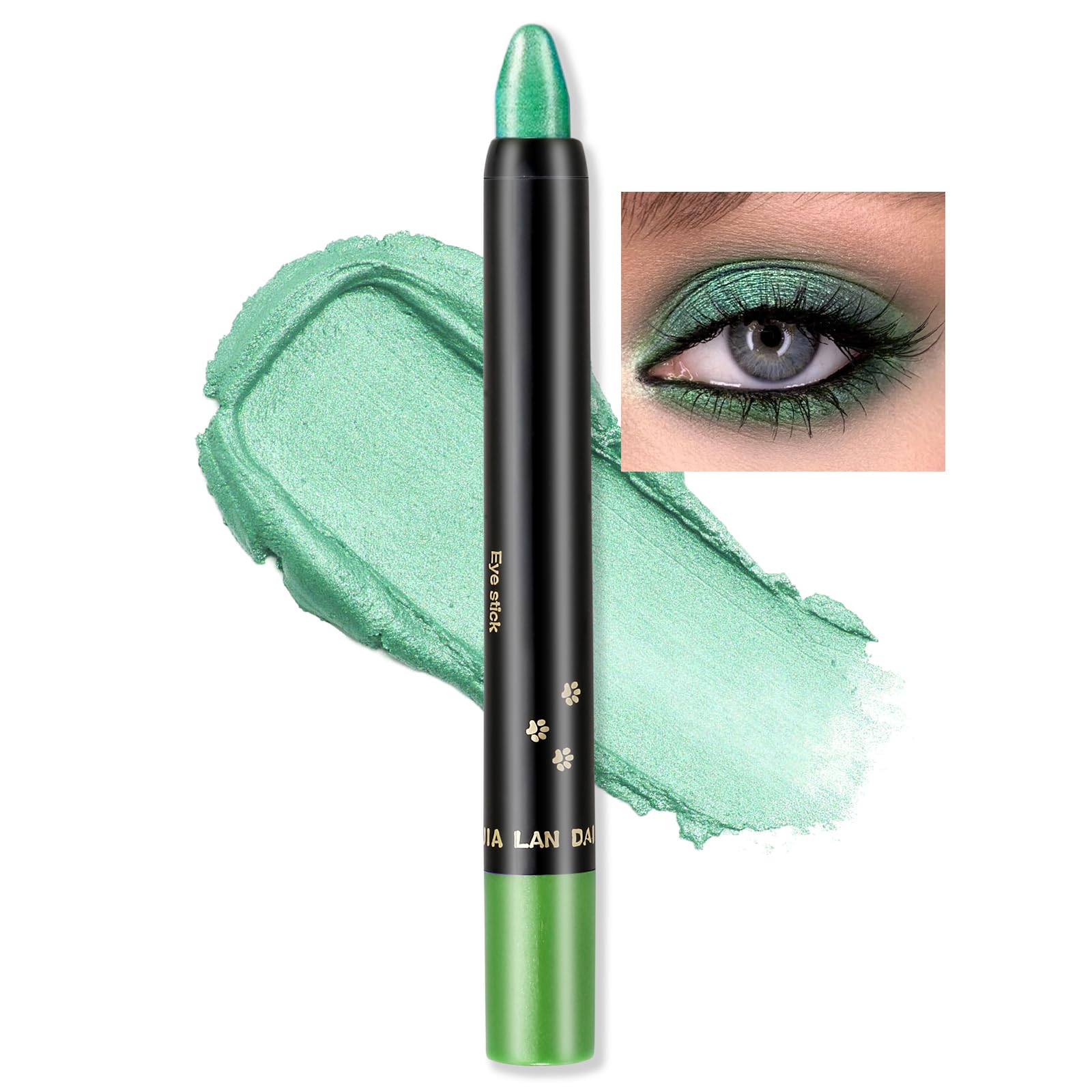 Erinde Lápiz de sombra de ojos verde brillante, resistente al agua y duradero, lápiz de ojos verde perlado crema Crayon, lápiz de maquillaje de ojos de alto pigmento metá
