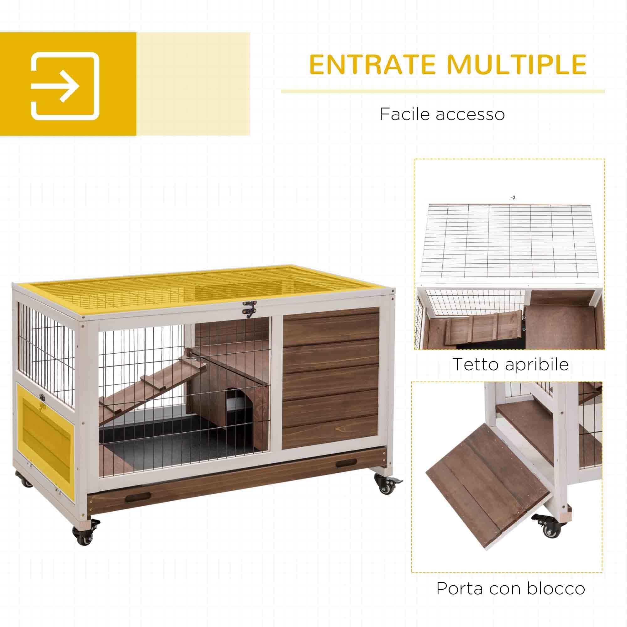 PawHut Gabbietta per Conigli e Porcellini d'India Conigliera con 4 Ruote, Casetta, Rampa e Vassoio Rimovibile, Legno Naturale, Marrone, 90x53x59cm