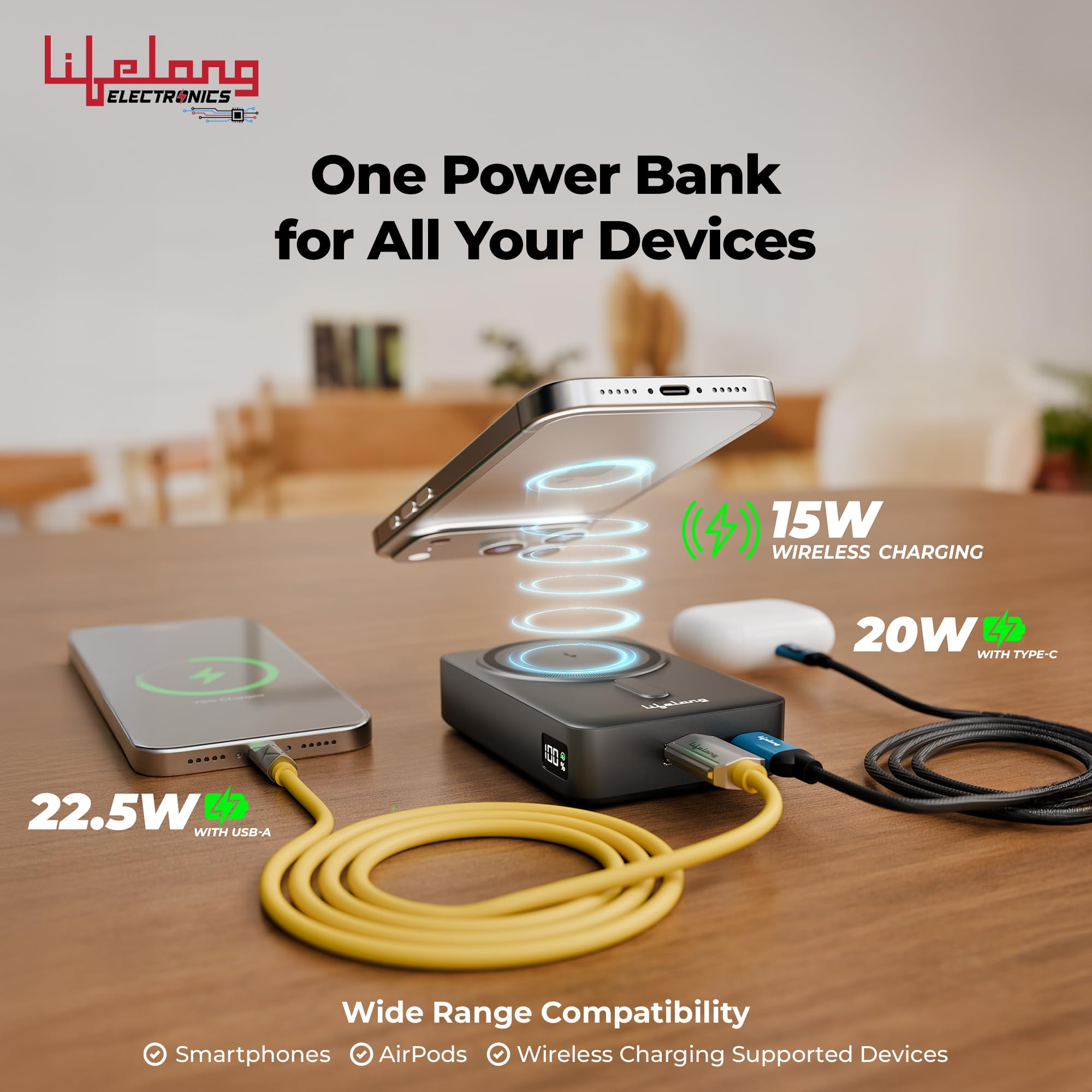 Lifelong Electronics 20000mAh (Double Capacity) MagSafe Wireless Power Bank | iPhone, Apple AirPods & All Qi Enabled Phones | Supports Wired Fast Charging | Powerbank with Metal Stand, Display, Cable — Amazon image 5