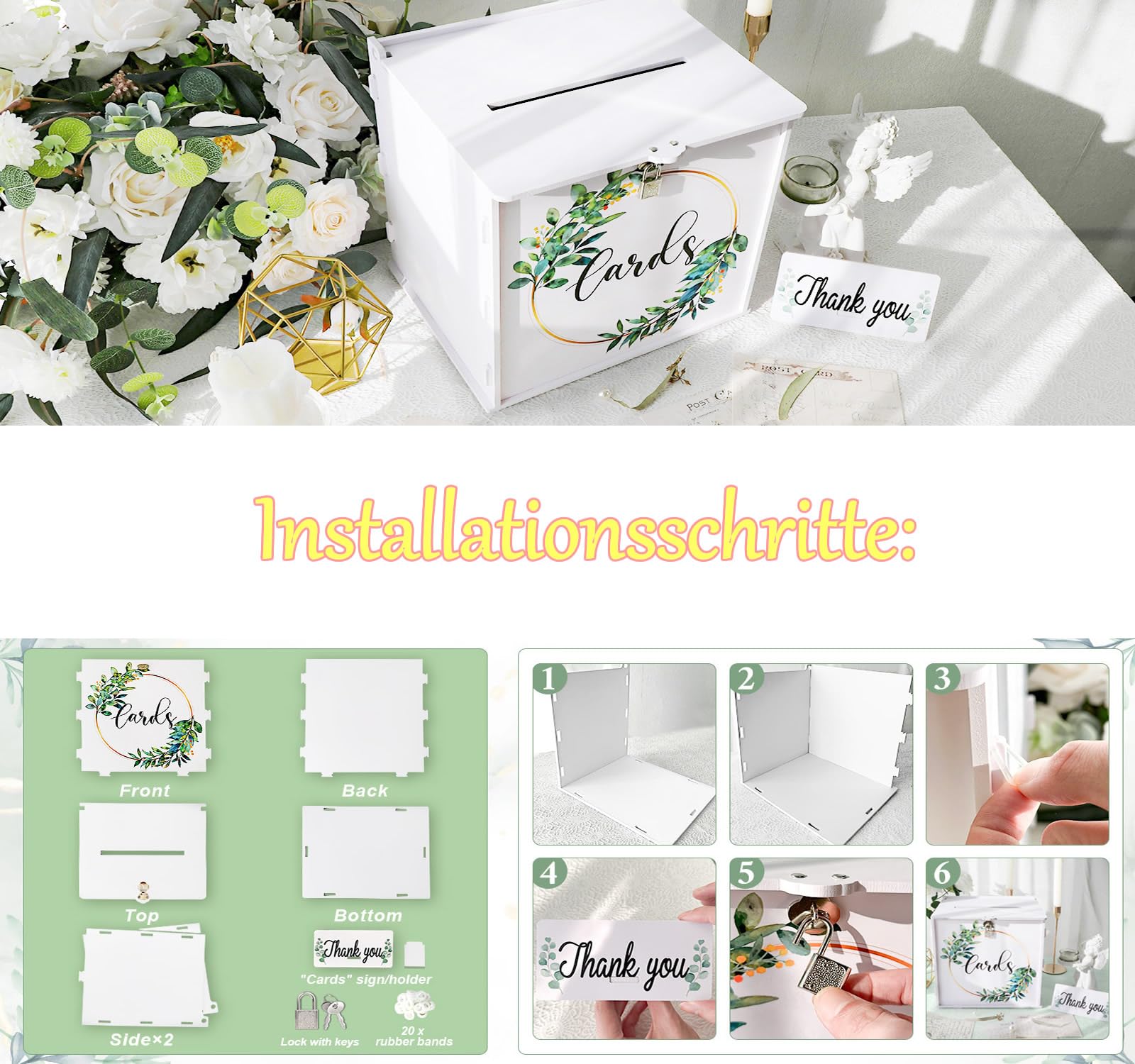 Caja para tarjetas de boda con candado, caja de regalo de PVC blanco para recepción de boda, eucalipto, manualidades, boda, sobres de dinero, caja de tarjetas, para fiestas, graduaciones, baby