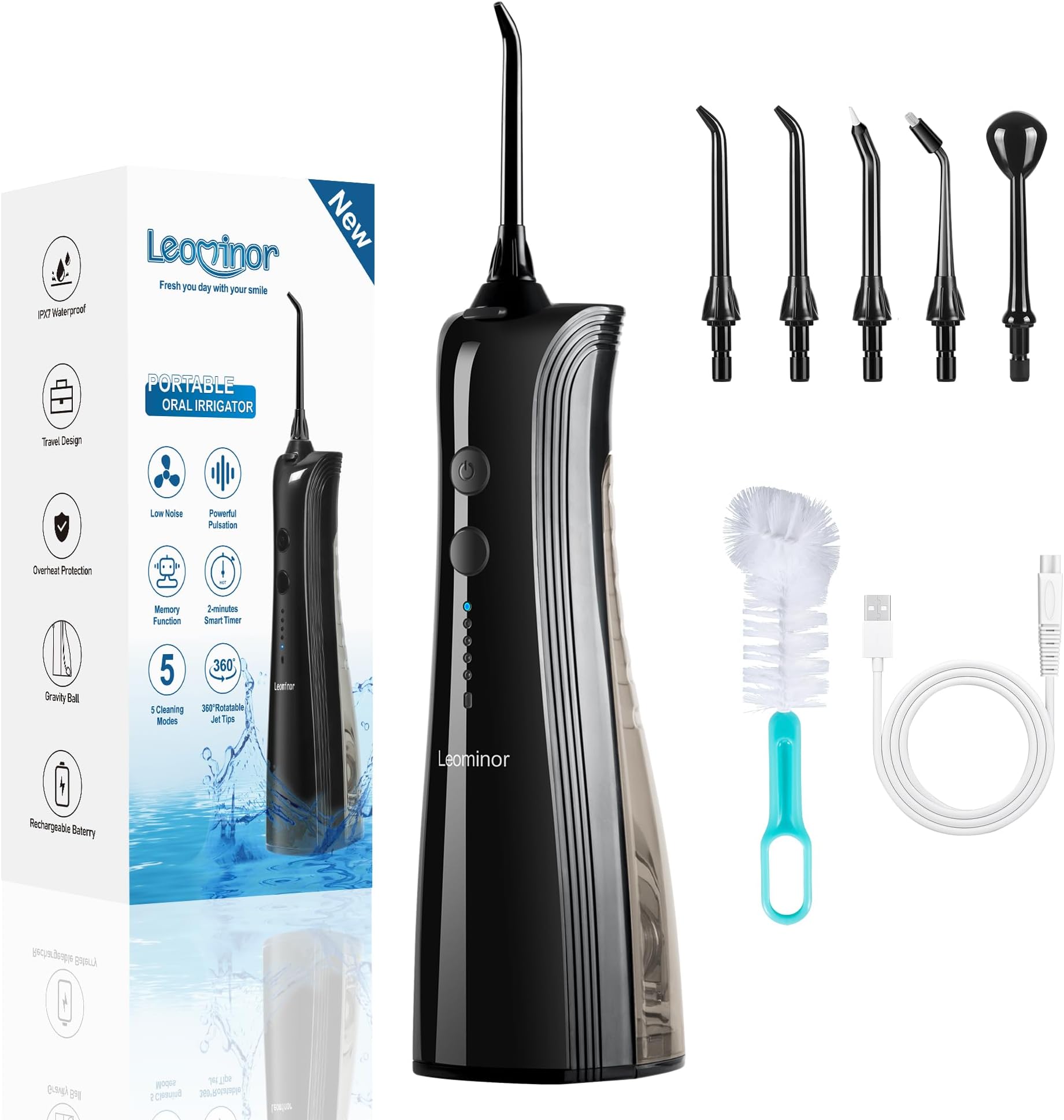 Leominor Water Dental Flosser - 5 Modes Cordless Portable Oral Irrigator, IPX7 Waterproof, Rechargeable Teeth Cleaner Upgrade Datchable Tank Professional Flossing Cleaning Pick for Home Travel (Black)