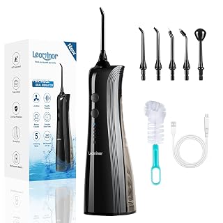 Leominor Water Dental Flosser - 5 Modes Cordless Portable Oral Irrigator, IPX7 Waterproof, Rechargeable Teeth Cleaner Upgrade Datchable Tank Professional Flossing Cleaning Pick for Home Travel (Black) - Amazon product rated Grade A