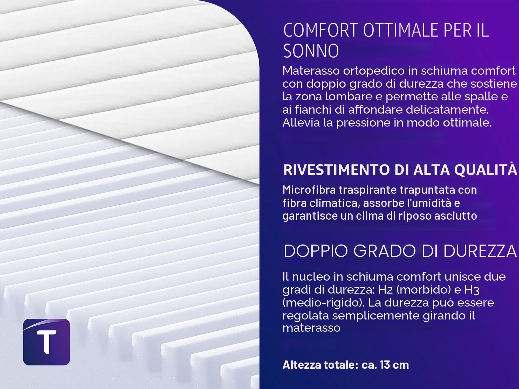 Traumnacht Easy Comfort 2 in 1 Duo materasso ortopedico schiuma comfort 7 zone, H2/H3, 80x200 cm, 13 cm, Oeko-Tex
