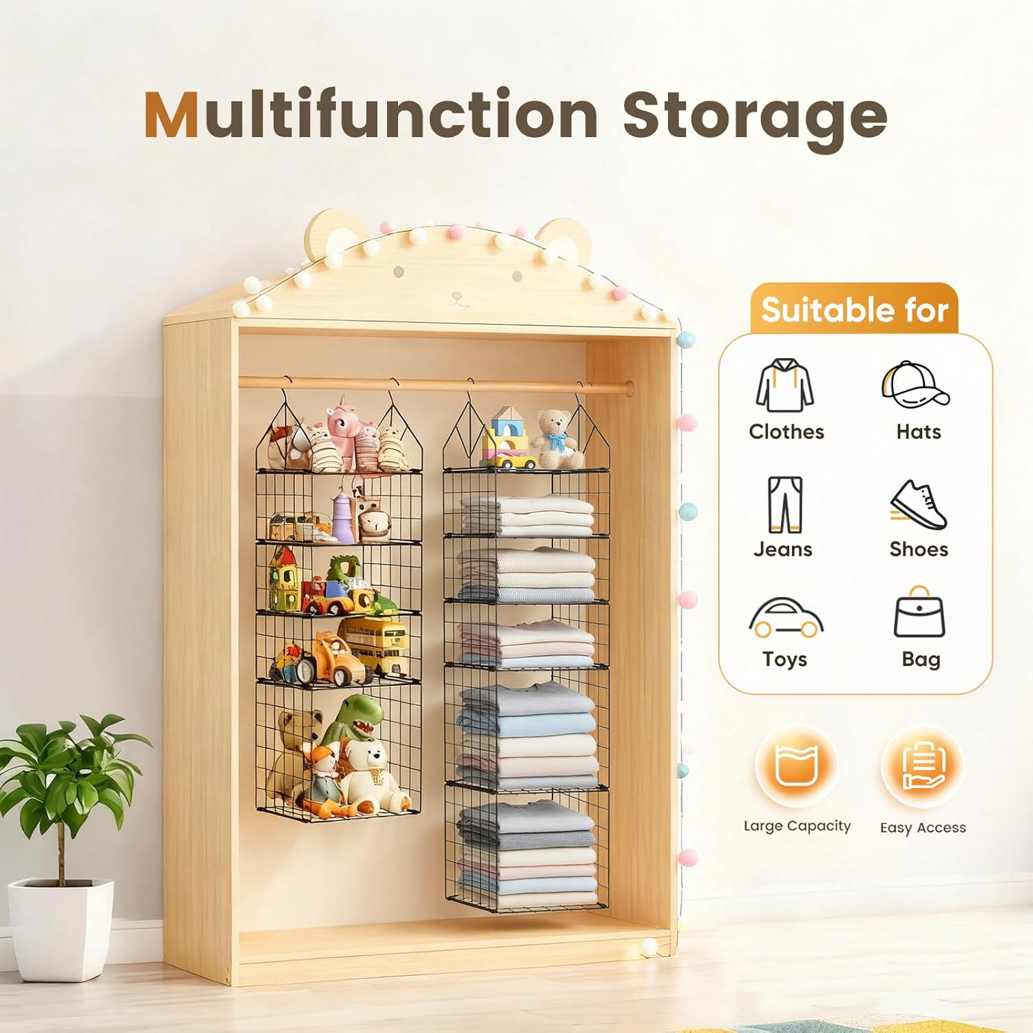 2 Pack Hanging Closet Organizer, 5 Tier Stackable Closet Organizer Foldable Closet Organizers and Storage Hanging Shelves with Hanging Hooks for Closet Clothing Sweaters Pants Shoes Handbags