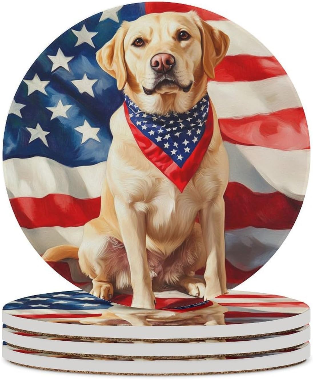 Labrador Dog U.S. Flag Funny Round Ceramic Coasters for Drink Absorbent Cup Holders Tabletop Protection