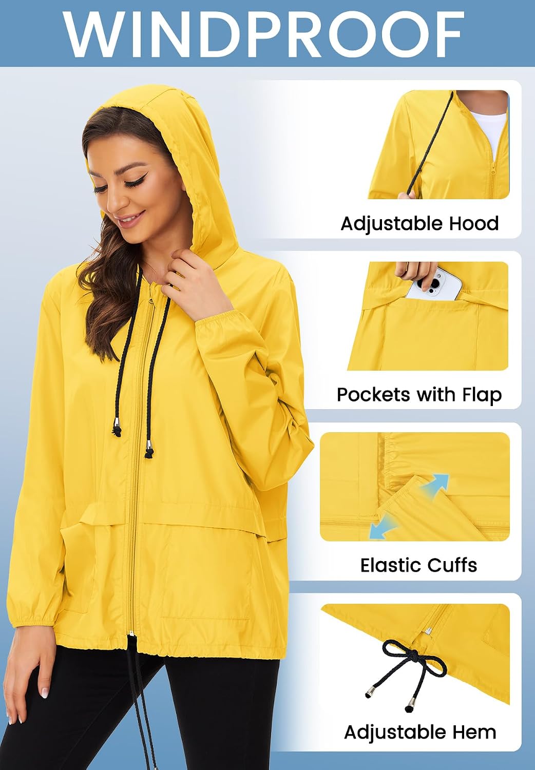 Zando Lightweight Rain Jacket Women Packable Waterproof Raincoat with Hood | Windbreaker Jacket Women, Light Raincoats for Drizzle, Rain Coats for Travel, Hiking and Commute