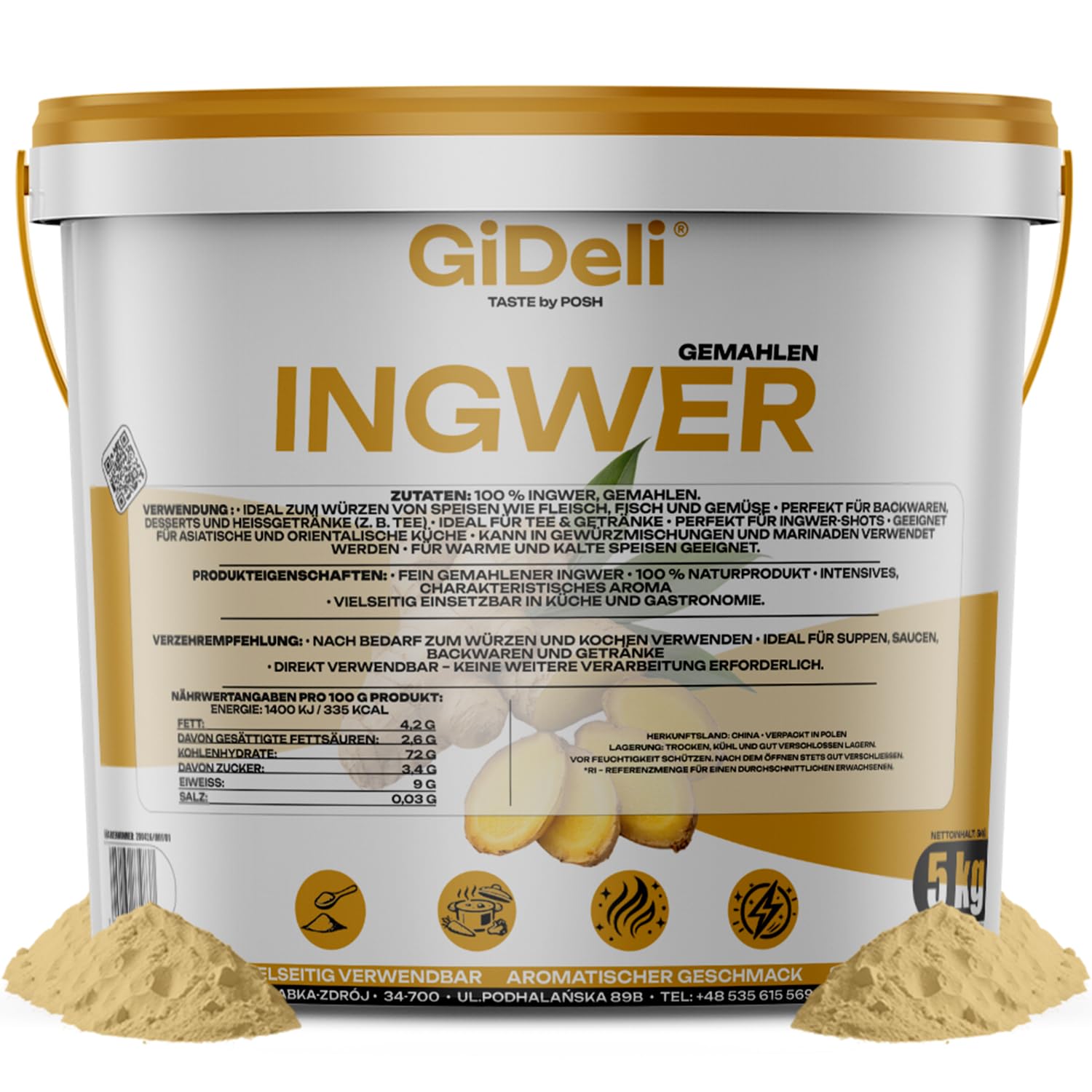 GiDeli Ingwerpulver 5kg im Eimer - Naturrein Ohne Künstliche Zusätze - Fein Gemahlen für Tee - Ingwer Shots - Smoothies und Asiatische Gerichte - Schonend Verarbeitet - Vegan