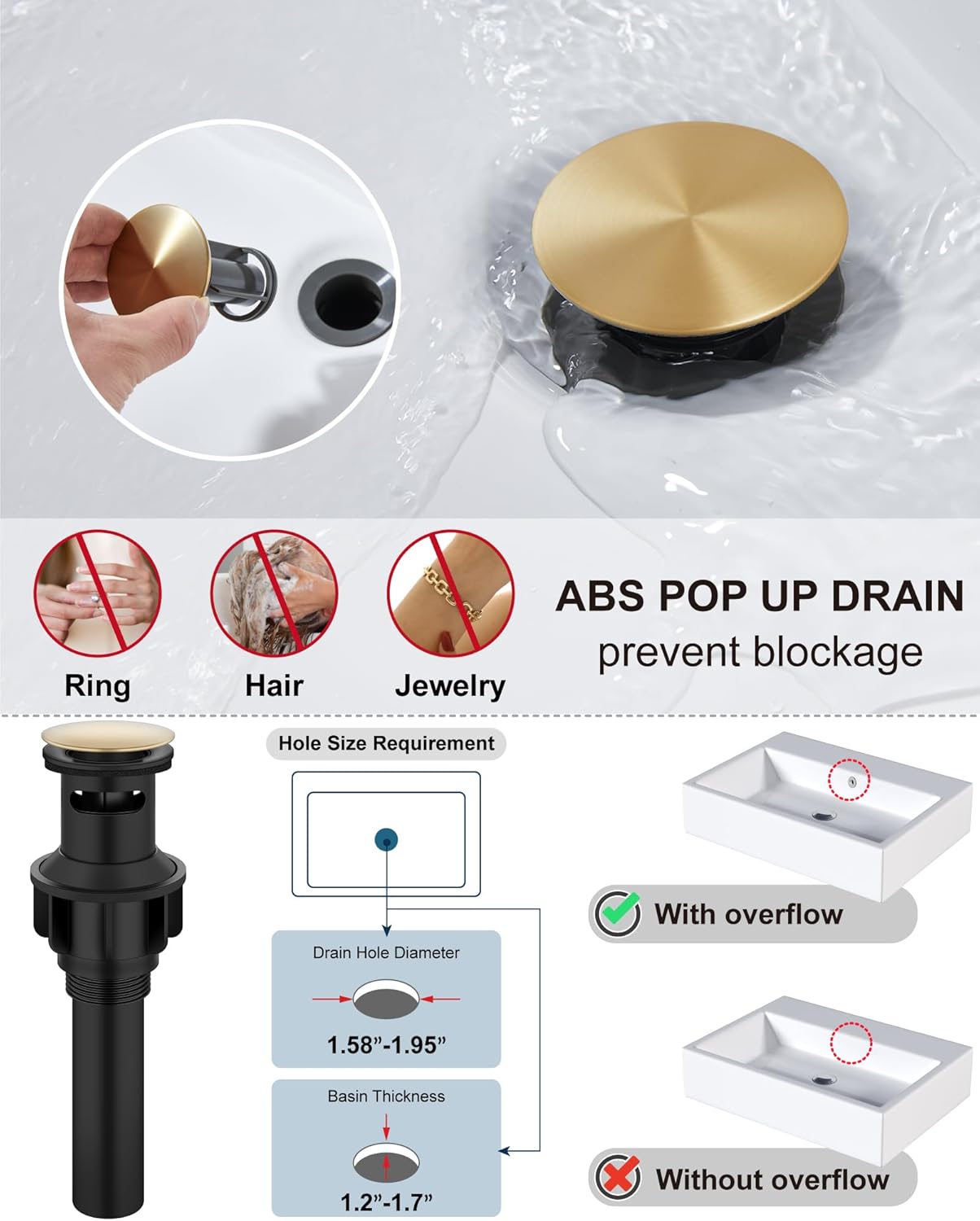 Midanya Bathroom Faucets 1 Hole, Single Handle Stainless Steel Bathroom Sink Faucet, Modern Vanity Faucets with Deck Plate,Water Supply Hoses and Pop Up Drain,Brushed Gold - Image 6