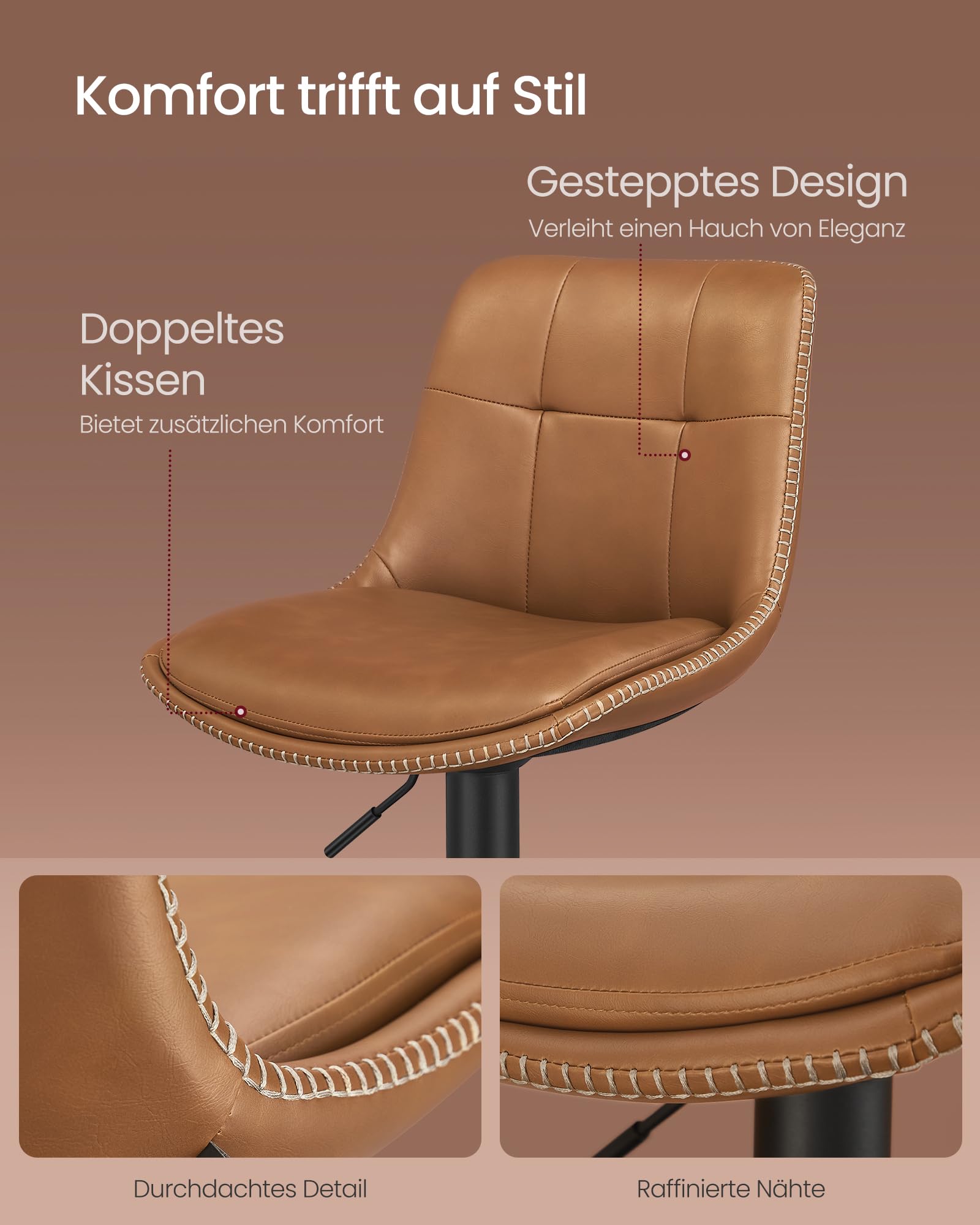 VASAGLE Barhocker 2er Set, Barstühle höhenverstellbar, drehbare Küchenhocker, gesteppter PU-Bezug, mit Rückenlehne und Fußstütze, Esszimmer, Theke, Stahl, karamellbraun LJB095K01