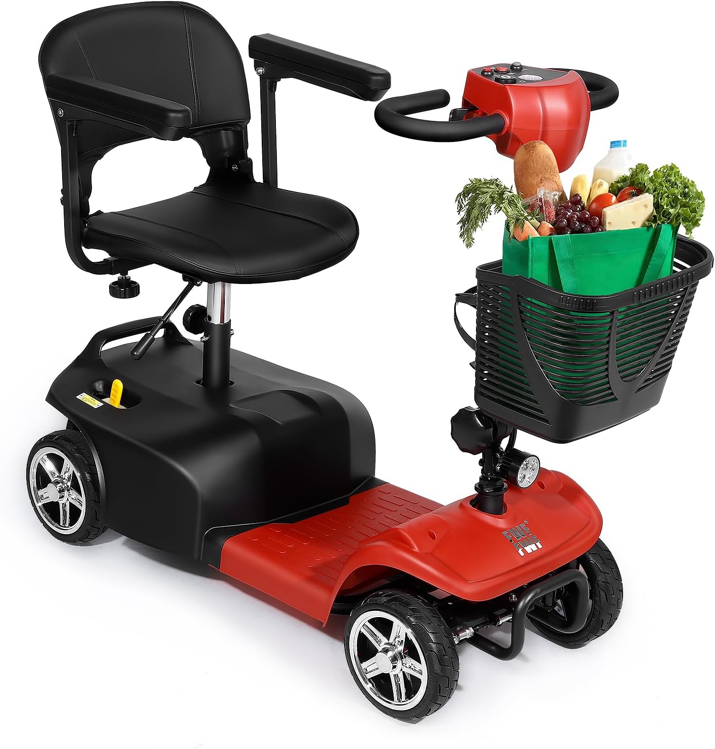 Folding 4-Wheel Mobility Scooter, Electric Power, Removable Basket, Fast Charging, Lightweight Aluminum Frame, Red