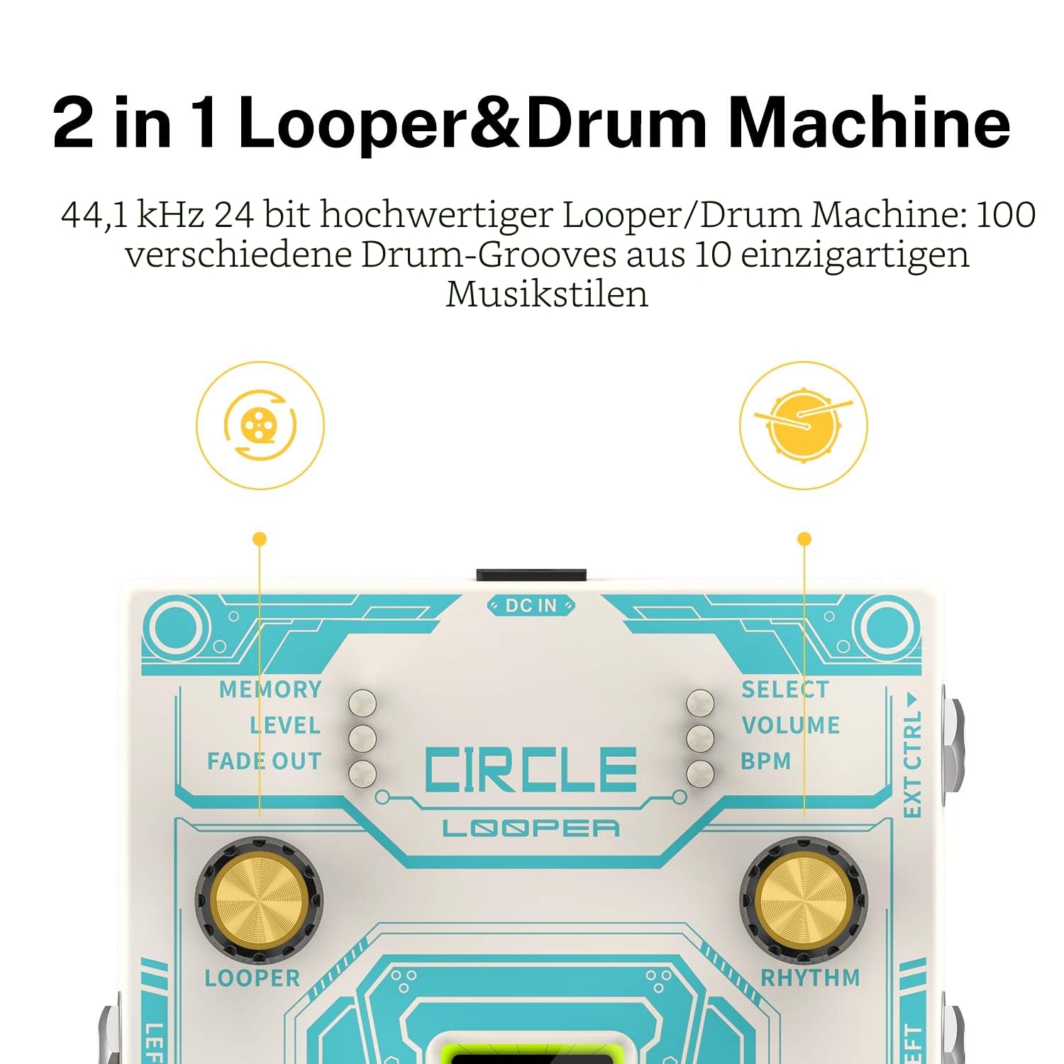 Donner Circle Looper Record Gitarren Effektpedal mit Time Progress Bar Display Loop Pedal Max. 4min Aufnahmezeit für jede Schleife, 160 Minuten Gesamtaufnahmekapazität, Unbegrenzt Overdubbing