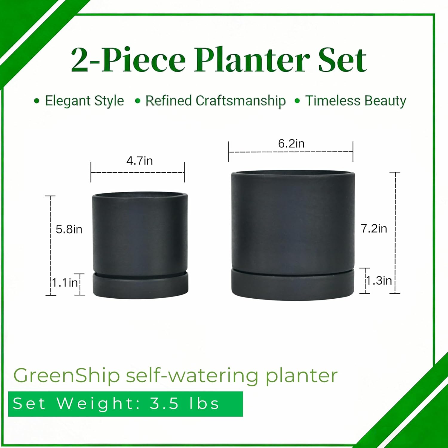 GreenShip 2pcs Plant pots, self Watering pots for Indoor Plants (Black, 4.7in+6in)