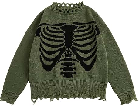 SHENHE Women's Oversized Skeleton Pattern Ripped Round Neck