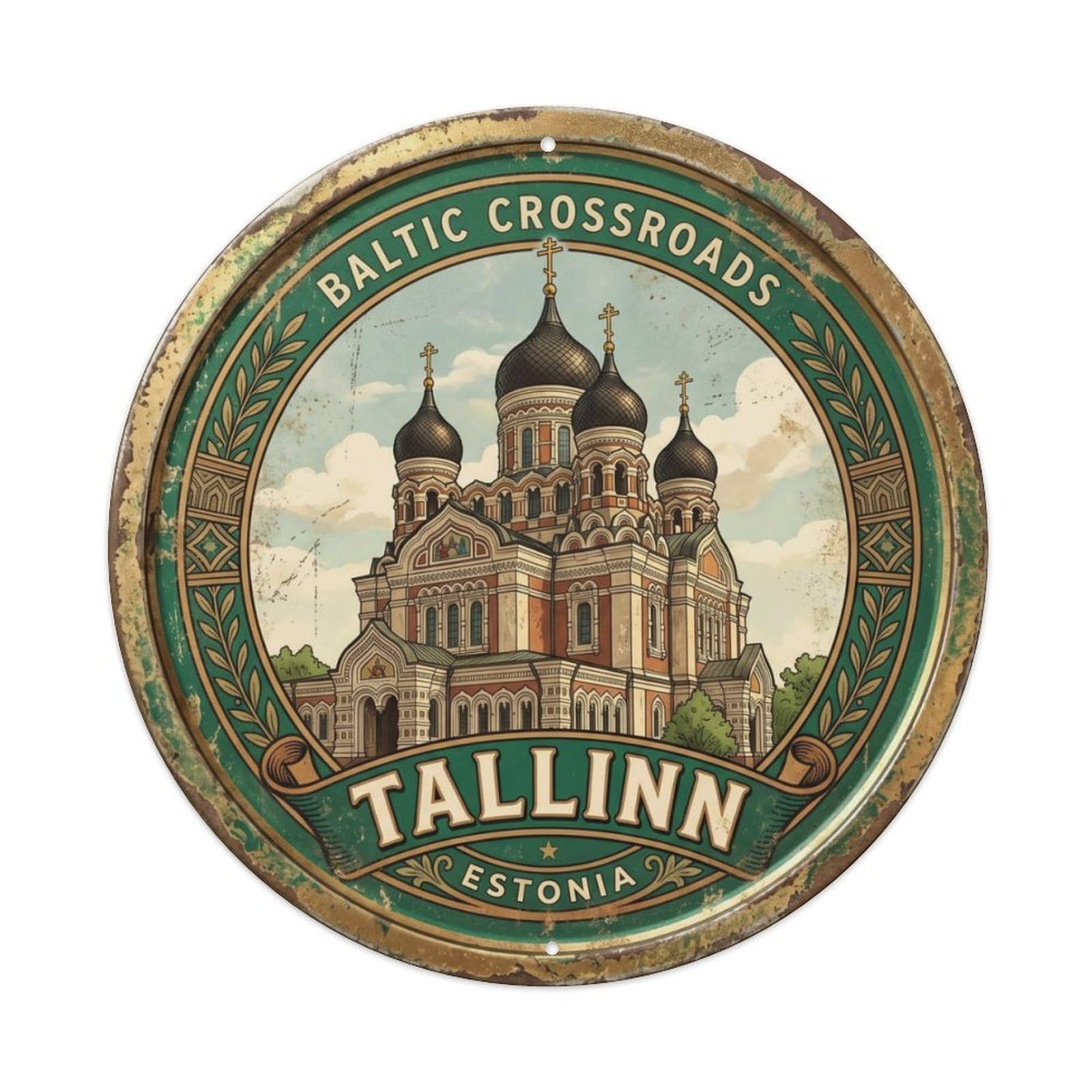 Vintage Travel Tallinn Cathedral Estonia Metal Tin Sign Plaque Wall Decor for Cafe, Club Bar, Office, Home Garden Round Metal Poster 8x8Inch
