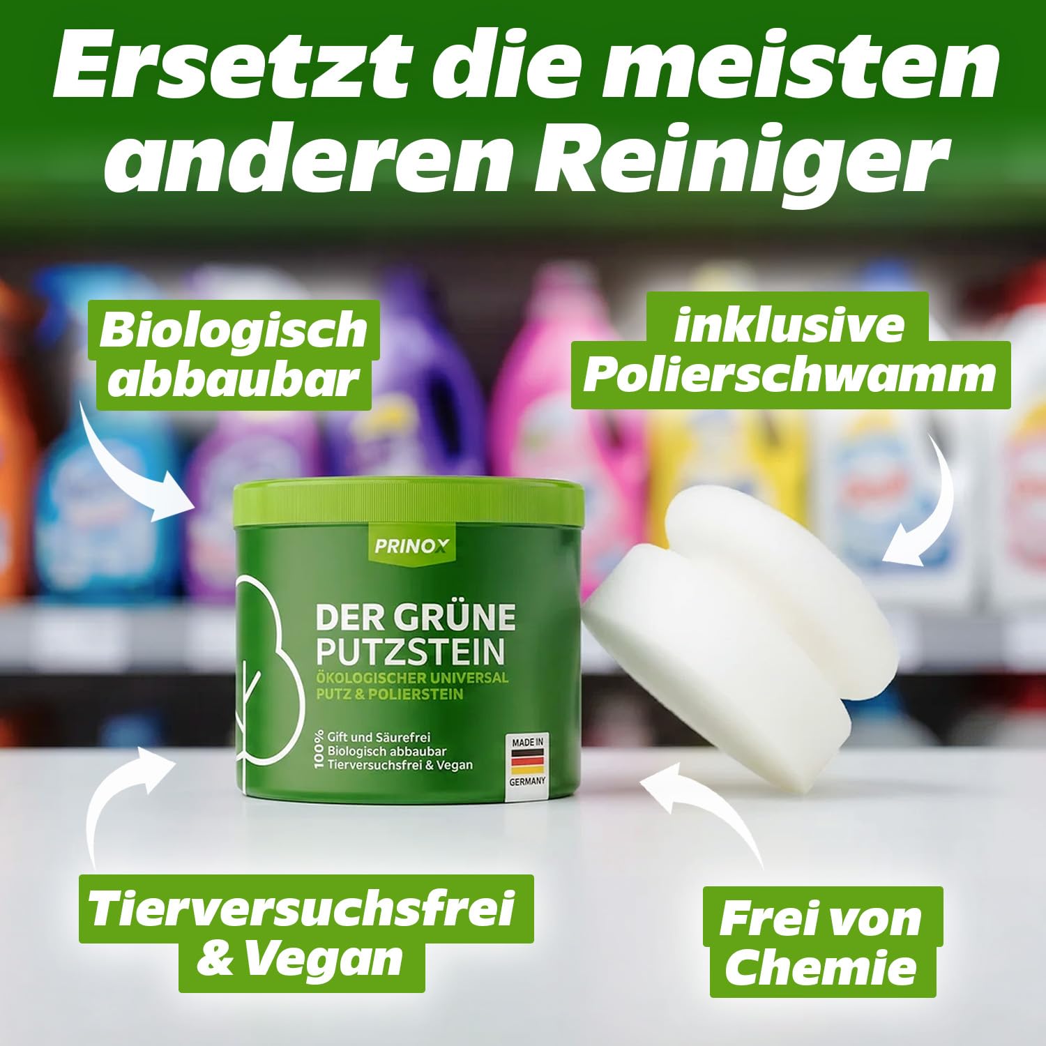 PRINOX Der Grüne Putzstein I 950g inkl. Handschwamm I Nachhaltiger Universal Allzweckreiniger I Jahresvorrat je Dose I Öko Reiniger für Küche, Bad, Fenster, Sneaker, Ceranfeld, WC I Made in DE