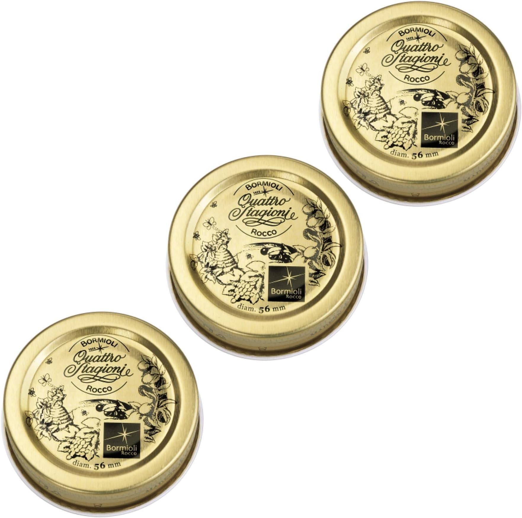 Metal Replacement Lids for Quattro Stagioni Jars, Preserving Jars, Hermetic, Resealable Jars, Food in Jars, Set of 3, 56 mm, Gold