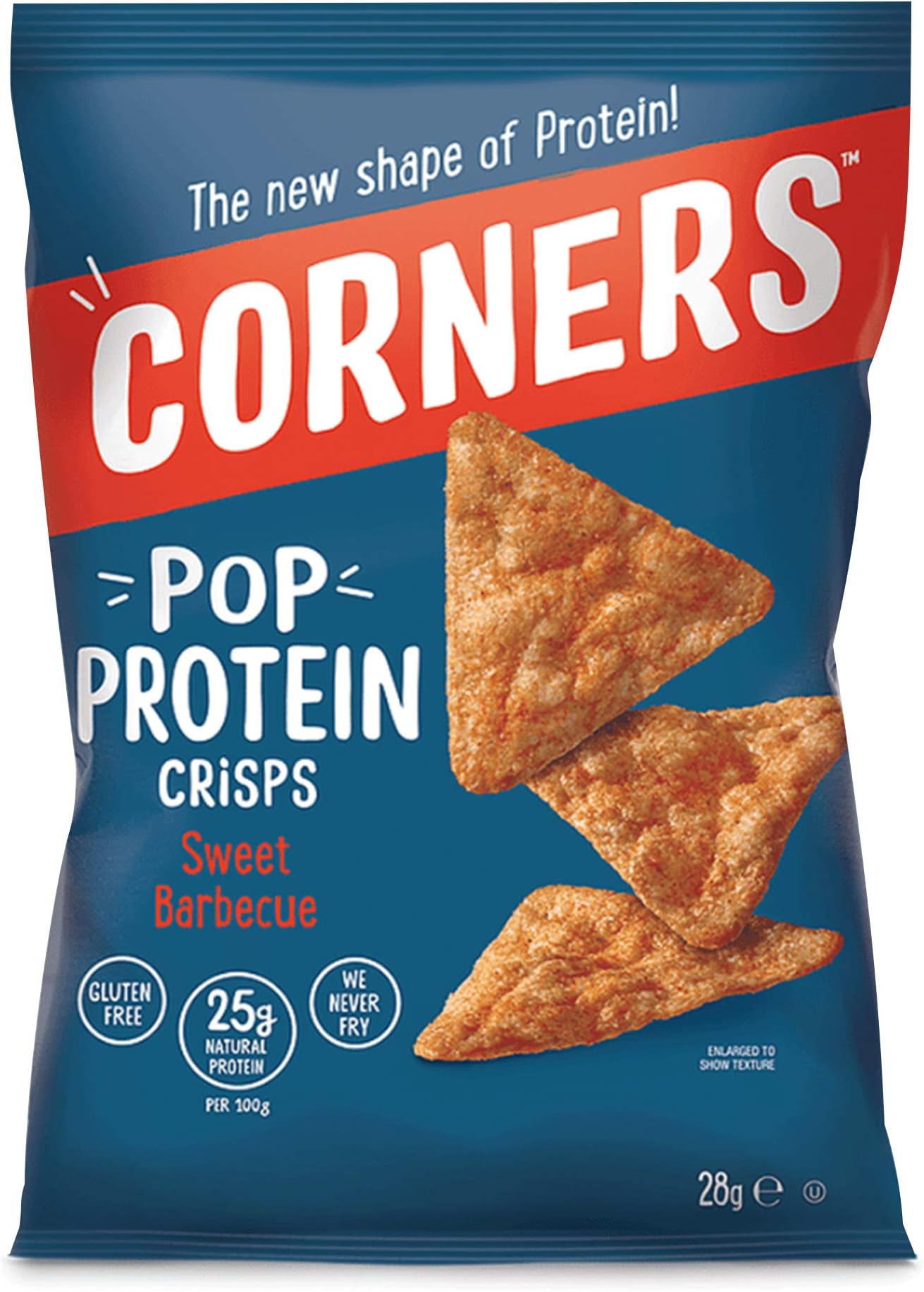 Corners, Crunchy Protein Crisps - Simple Natural Ingredients, Gluten Free, Non-GMO, Protein Chips, Sweet Barbeque Flavour - Healthy Snacks for Kids and Adults, 28g Pack of 18