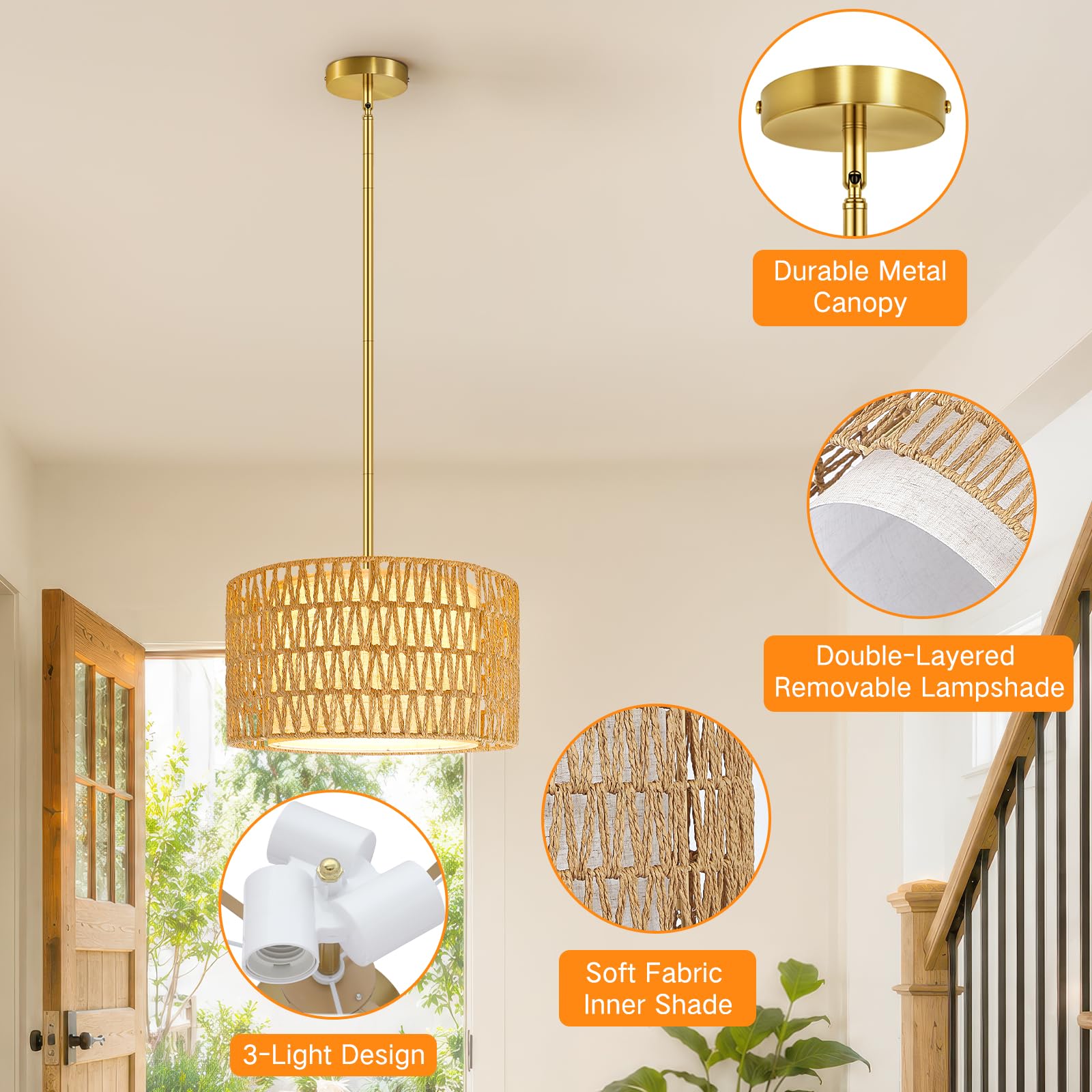 OUTON Lámpara colgante de ratán 3 luces, pantalla de lino, dorada, E27 | Ratán tejido a mano, doble pantalla desmontable, altura regulable hasta 149,9 cm, para techos planos e inclinados