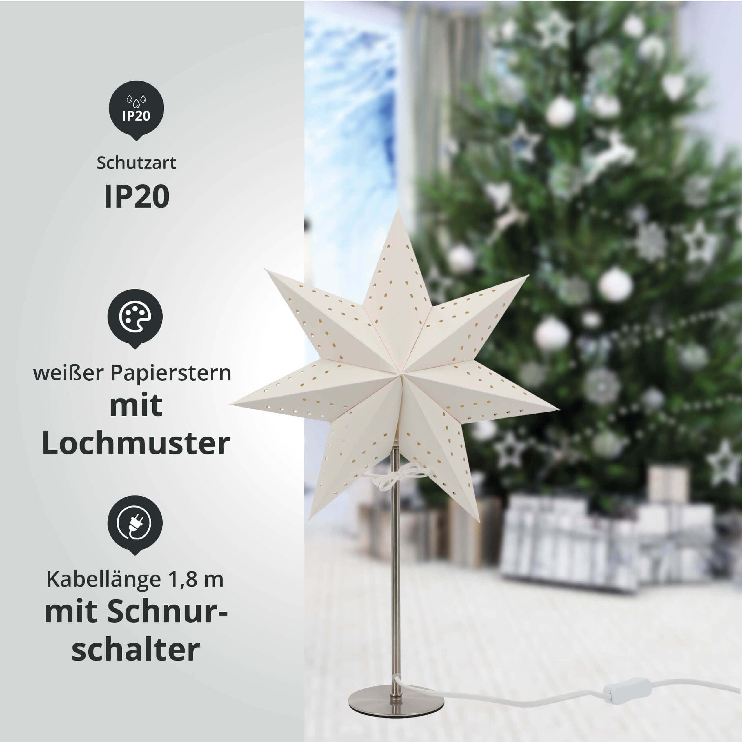 LED Universum - Papier Weihnachtsstern Tischleuchte Standstern weiß, Metallfuss, Dekostern mit Kabelschalter, E14 Fassung, 51cm Höhe (weiß, 2 Stück)