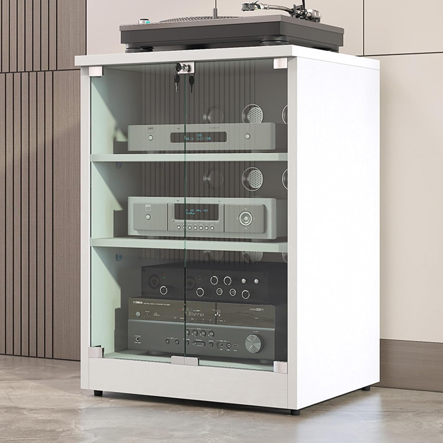 Szafka na komponenty stereo, drewniana szafka na sprzęt audio-wideo z drzwiami ze szkła hartowanego, szafka na sprzęt audio, szafka na sprzęt audio, szafka na konsolę,80cm white