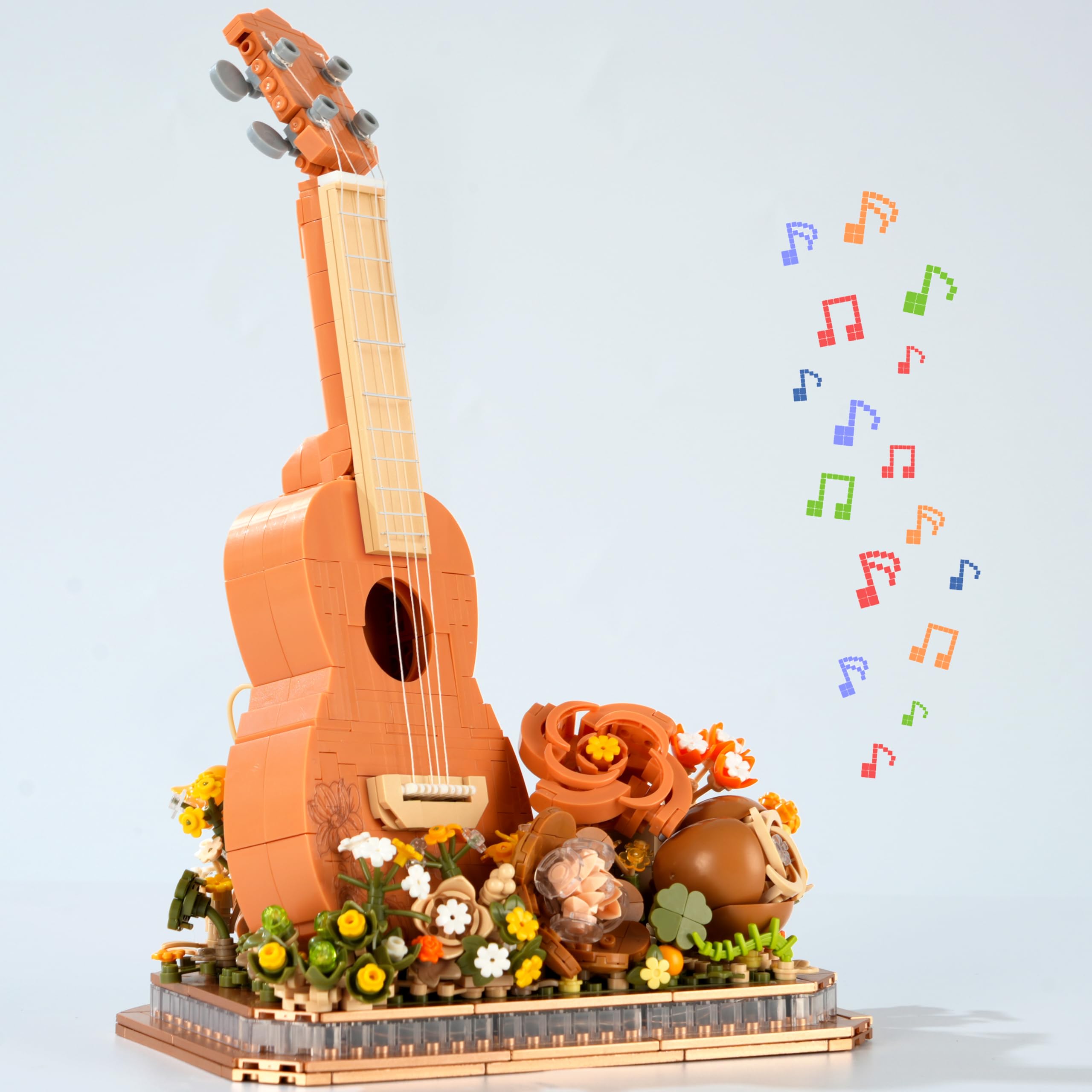 Conlinktion Flower Bouquet Guitar Building Blocks Set, 909PCS Music Instruments Ukulele Bricks Set, Gifts for Adults and Kids（Ukulele）