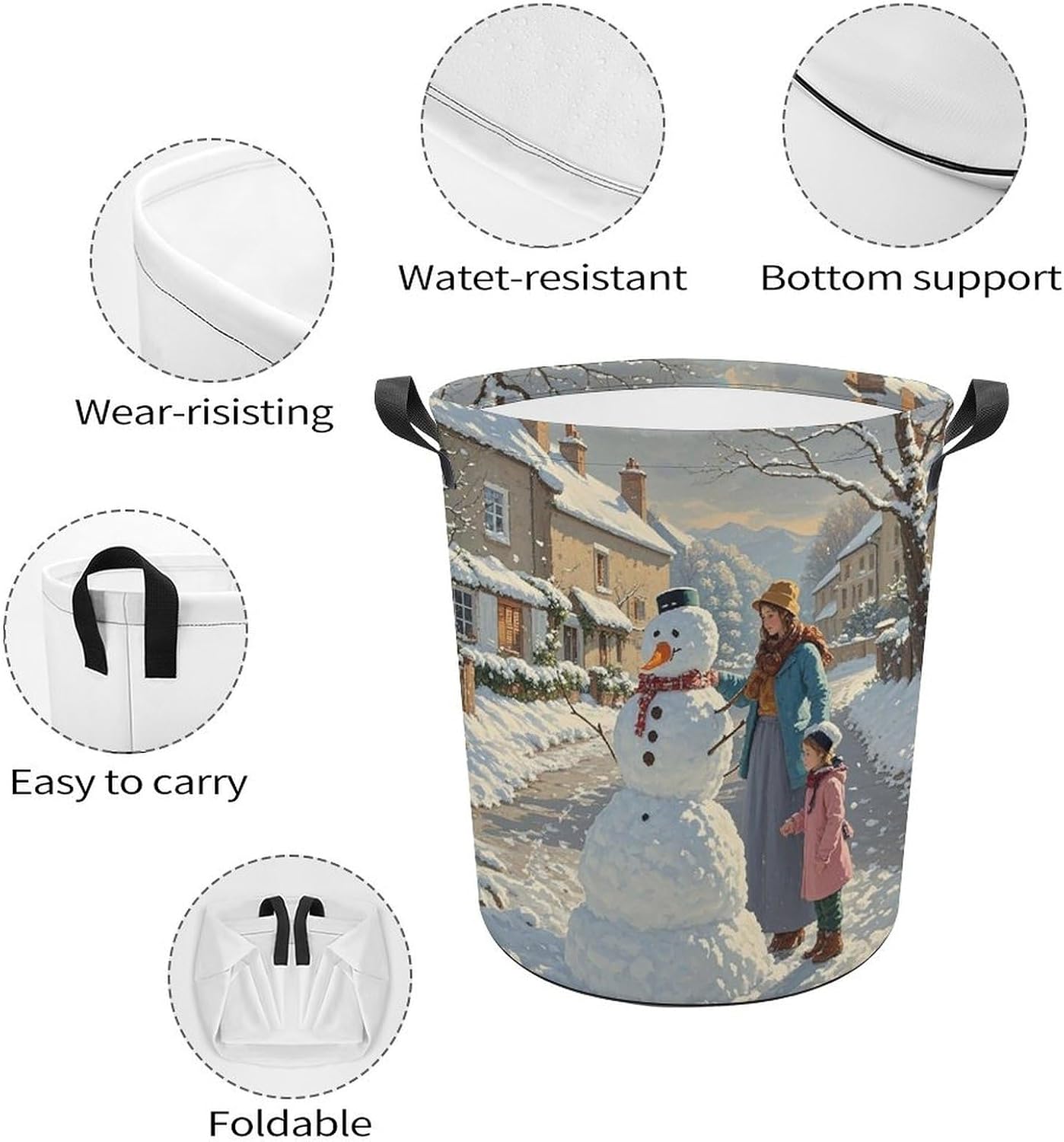 13.8 × 13.8 × 17.3 Inches Collapsible Laundry Baskets Street Snowman Printed Waterproof Laundry Hamper Foldable Dirty Clothes Storage Bin for Bathroom Bedroom Office image 4