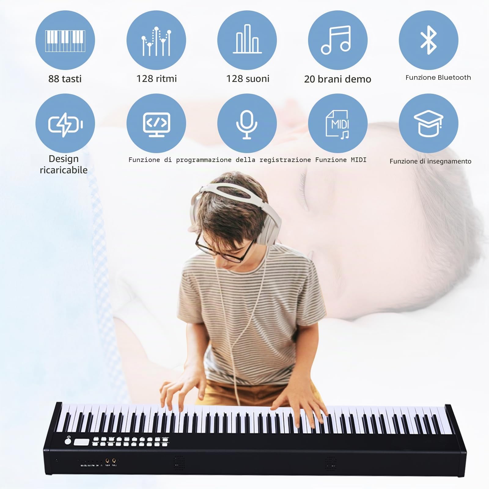 KOMFOTTEU Pianoforte Digitale 88 Tasti Multifunzionale, Tastiera Elettronica con Funzione Bluetooth, Pianola Semi-Pesato per Principianti con Pedale di Sustain, 127 x 21,5 x 6,5 cm (Nero)