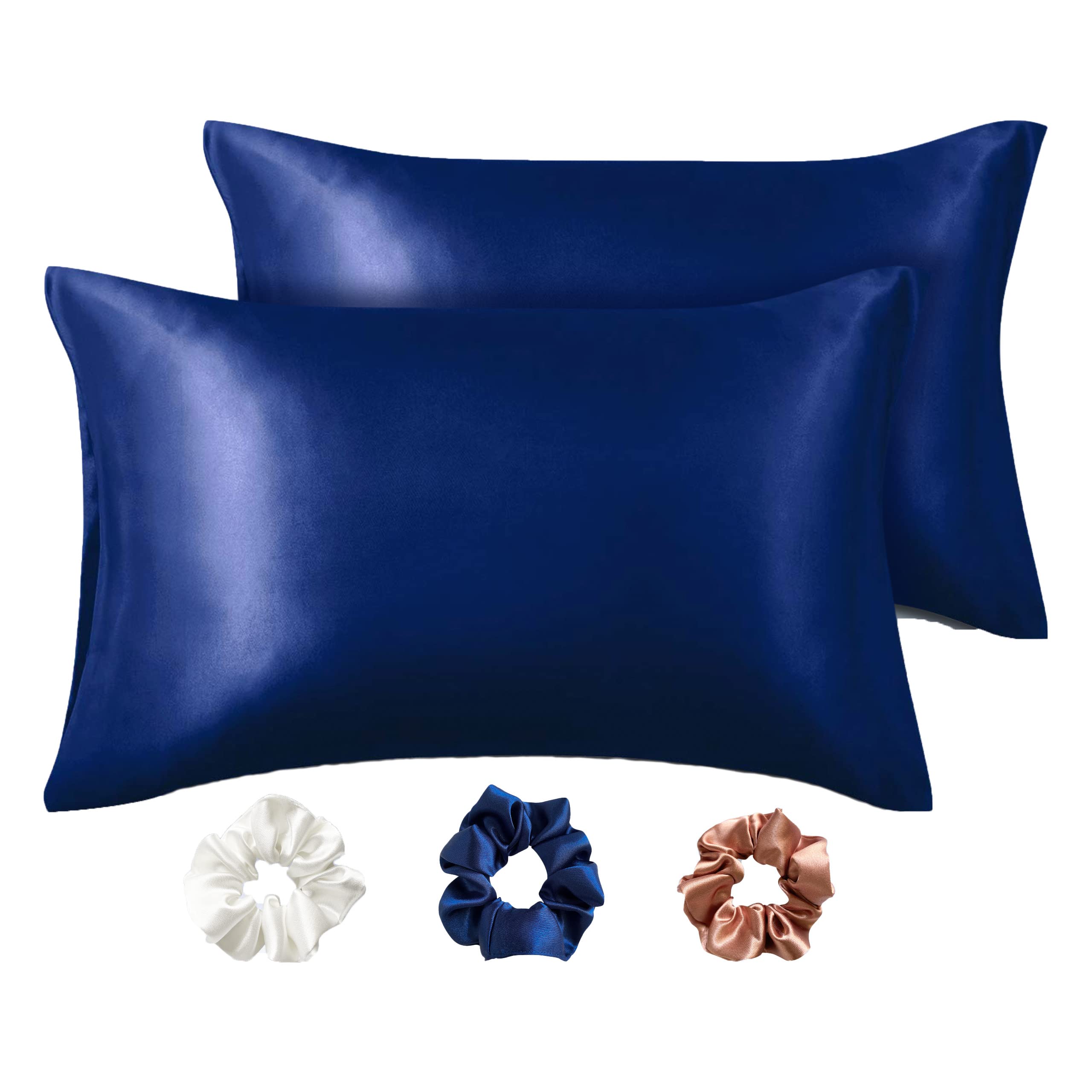 Silvr Bear Premium Solid Satin Pillow Covers + 3 Scrunchies | Aesthetic Pillowcase - Standard - 18 X 27 Inches | Great For Hair And Skin | Combo Pack (Navy Blue, Satin), 250 TC, 5 Piece