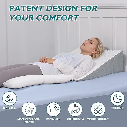 Miniatura 7 de TANYOO Almohada de cuña de cama para apnea del sueño, almohada Gerd de 10 pulgadas, almohada triangular de doble capa, ajustable, cubierta de espuma