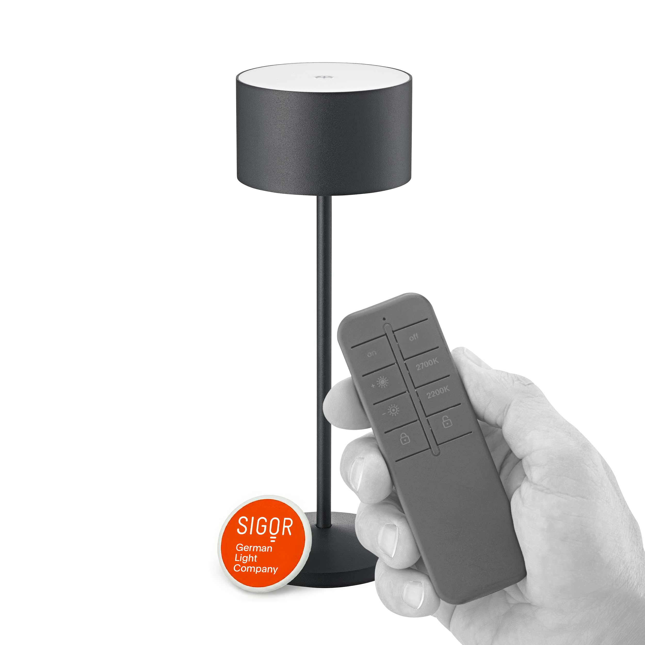 SIGOR Veluna Remote nachtschwarz - LED Akku-Tischlampe dimmbar & kabellos mit Fernbedienungsfunktion, FlexMood (2200K/2700K), bis 14h Leuchtdauer, USB-C Ladefunktion, IP44 Outdoor & Indoor