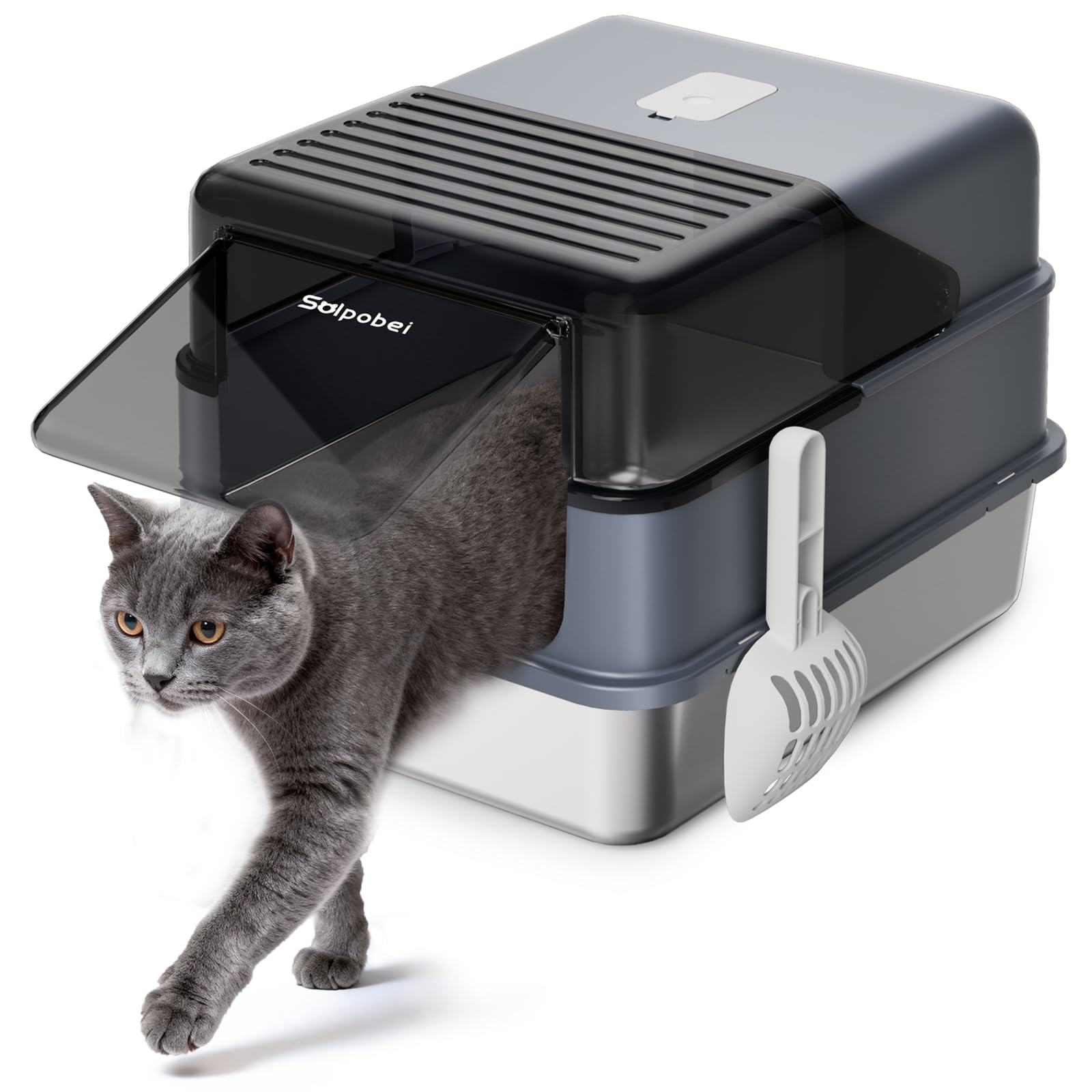 Stainless Steel Cat Litter Box with Lid – Enclosed & Covered High-Sided Kitty Litter Box, Large or Small, Metal Litter Pan for Cats and Kittens, Odor Control, Easy Cleaning