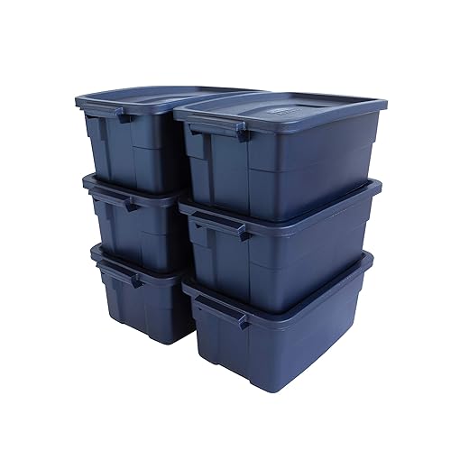 Rubbermaid Roughneck 3 Gallon Rugged Stackable Storage Tote Bin with Lid and Handles for Home, Basement, and Garage, Dark Indigo Metallic (6 Pack)