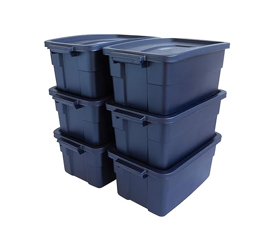 Rubbermaid Roughneck Tote 3 Gal, 6 Pack, Made in USA, Dark Indigo Metallic, Rugged Plastic Stackable Storage Bins with Lids and Handles - 3 Gal - 6 Pack