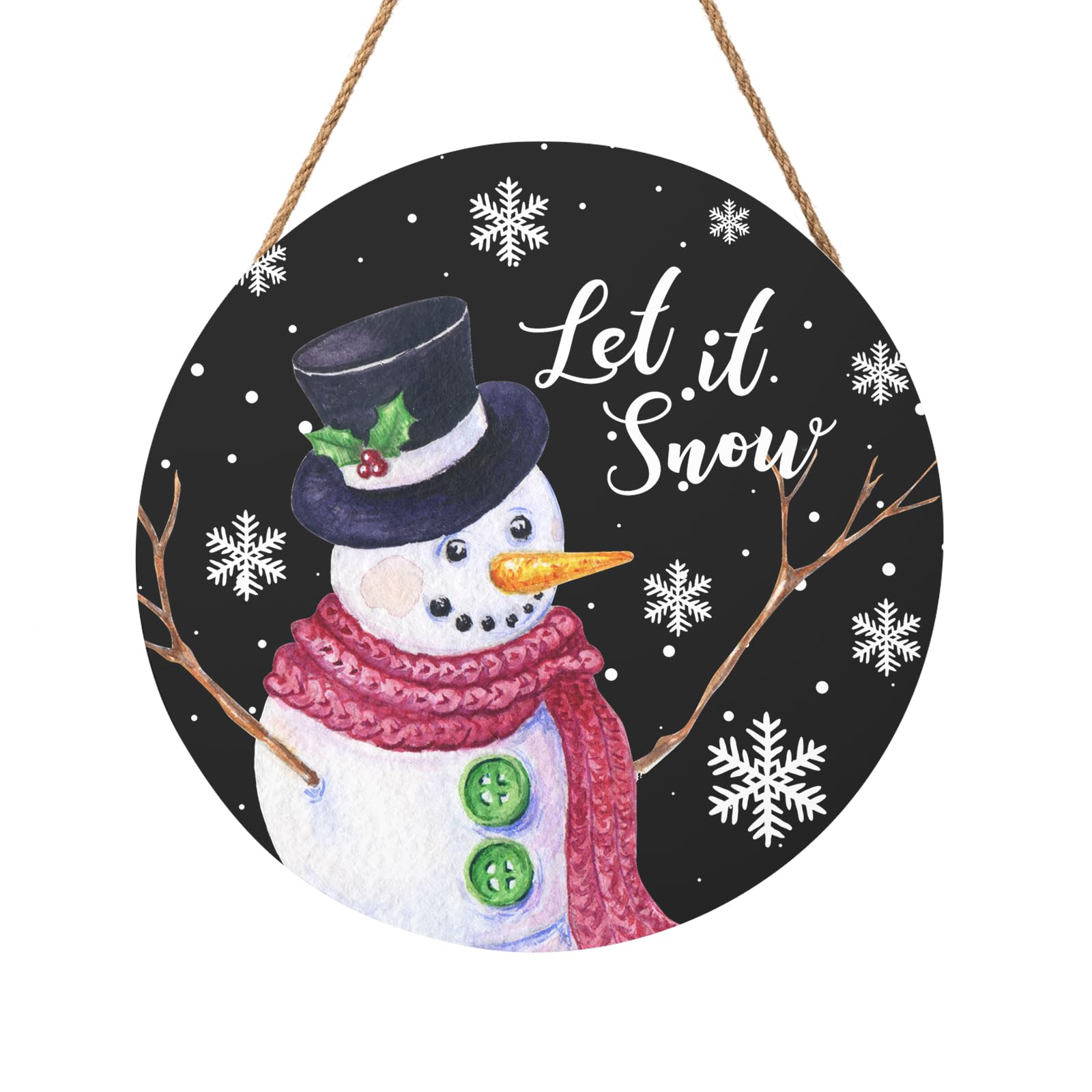 Winter Snowman Sign for Front Door Christmas Snowflake Wood Door Hanger 12"x12" Holiday Welcome Decorations Rustic Snowflakes Black Winter Wreath Wall Hanging Decoration for Home Wall Porch Yard Garden