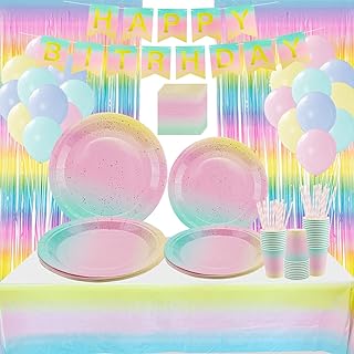 Gold Dot Disposable Party Tableware Supplies - Serves 25, Rainbow Pastel Party Decoration Tableware includes Plates, Cups, Napkins, Straws, Spoons, Forks, Knives, Banner, Tablecloth, Foil Curtains