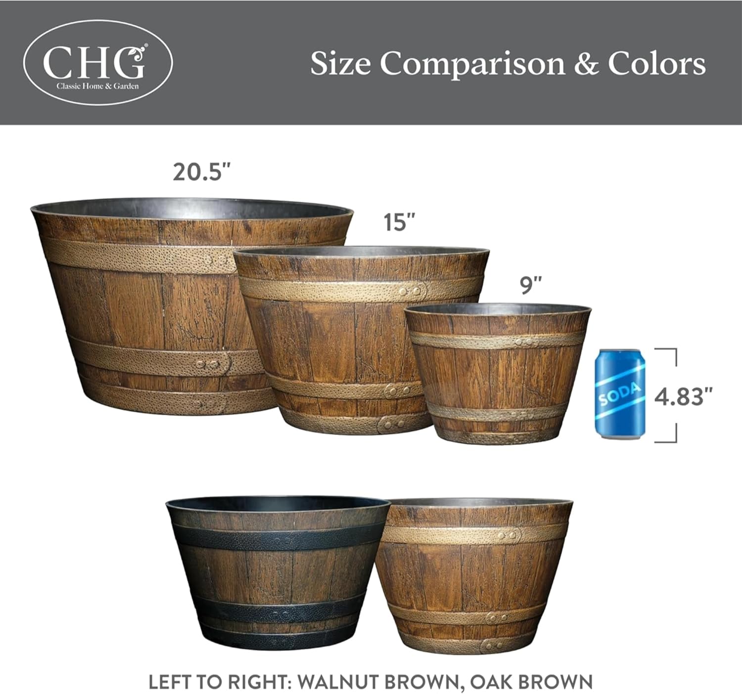 Classic Home and Garden Whiskey Plastic Resin Flower Pot Barrel Planter, Oak Brown, 20.5" (4 Pack)