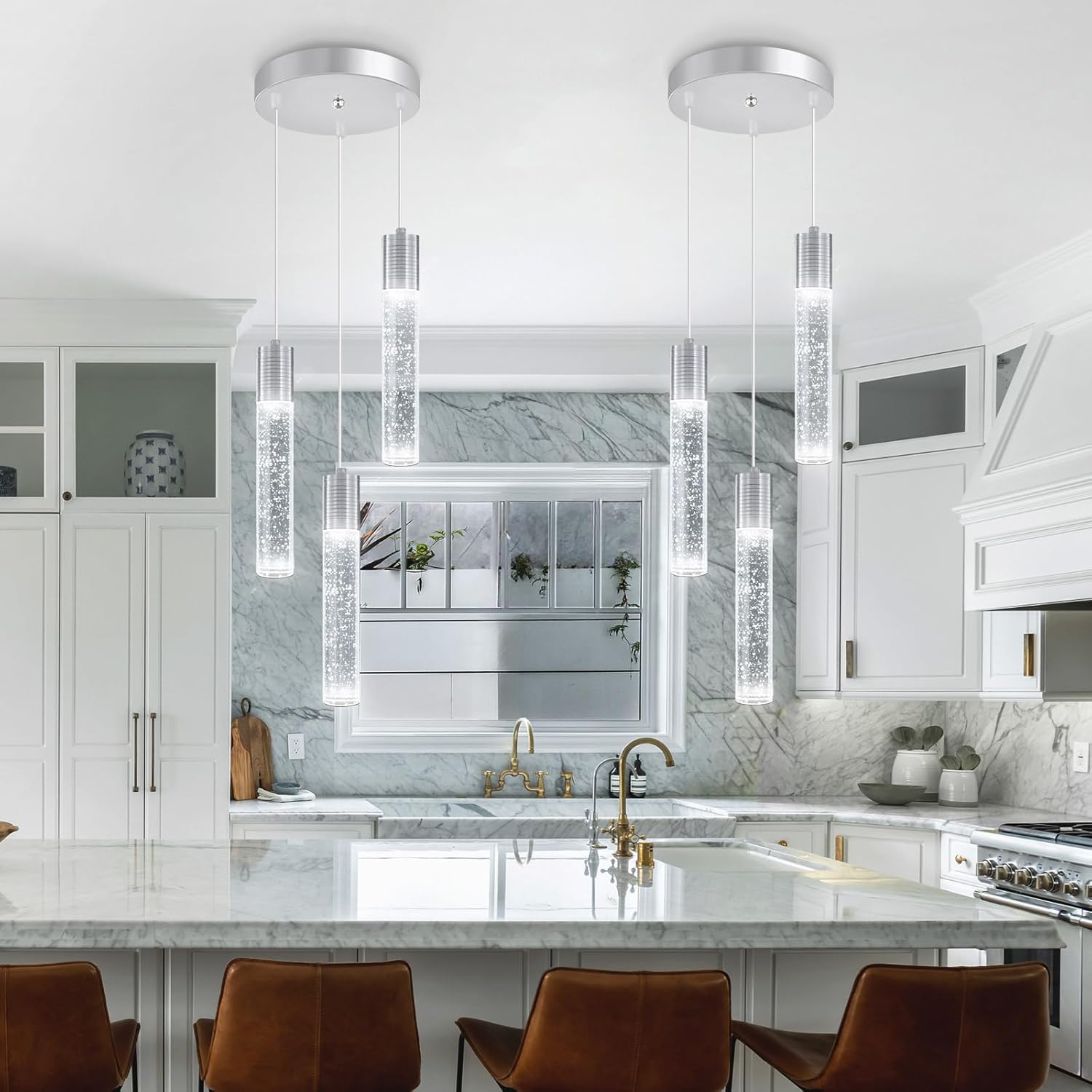 3-Lights Pendants Light for Kitchen Island Chandeliers Dining Room Pendant Lighting Fixture Bubble Crystal Ceiling Hanging Lights Bedroom Island Kitchen 6000K White Light Fixtures Chrome Silver 3-lights