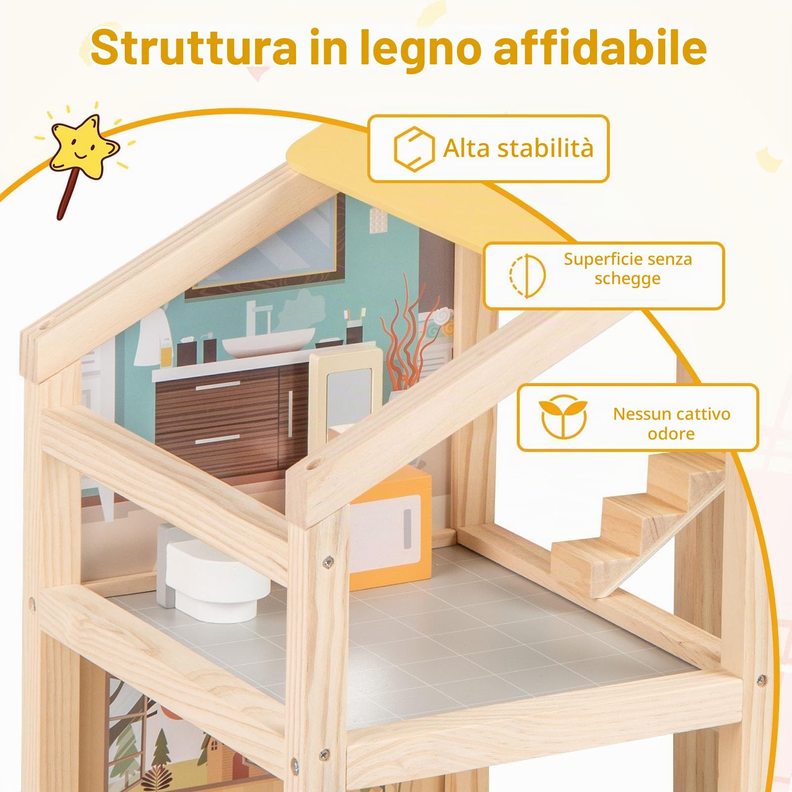 FANTASK Casetta per bambole in legno, colorata con mobili e accessori, 3 ripiani fai da te con garage e porta apribile, per ragazze e ragazzi dai 2 anni in su