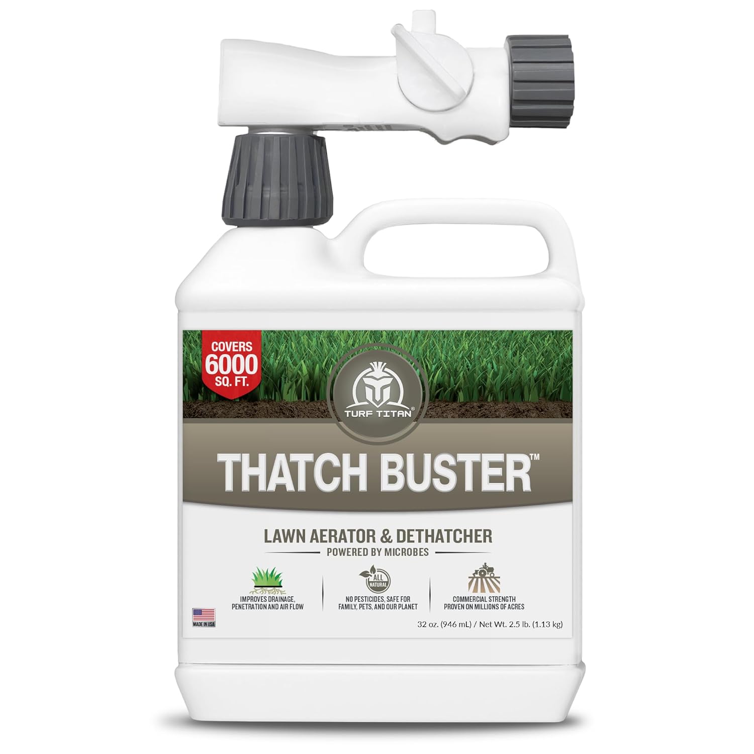 Turf Titan Thatch Buster All-Natural Lawn Aerator & Grass Dethatcher - Hose End Liquid Soil Loosener & Conditioner for Green Grass (32 oz), Healthy Soil in 45 Days - Covers 6,000 sq feet