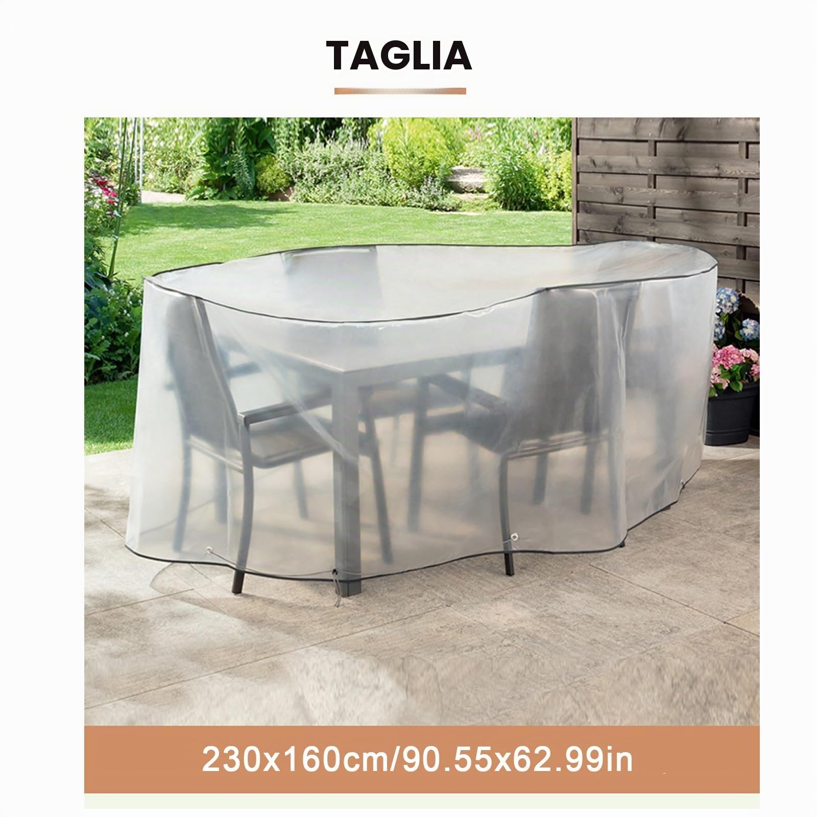 Generico Copri Tavolo da Esterno Impermeabile Ovale Trasparente, Telo Copri Tavolo Esterno in PE con Coulisse per Resistente alla Pioggia alla Sabbia al Sole(230x160cm)