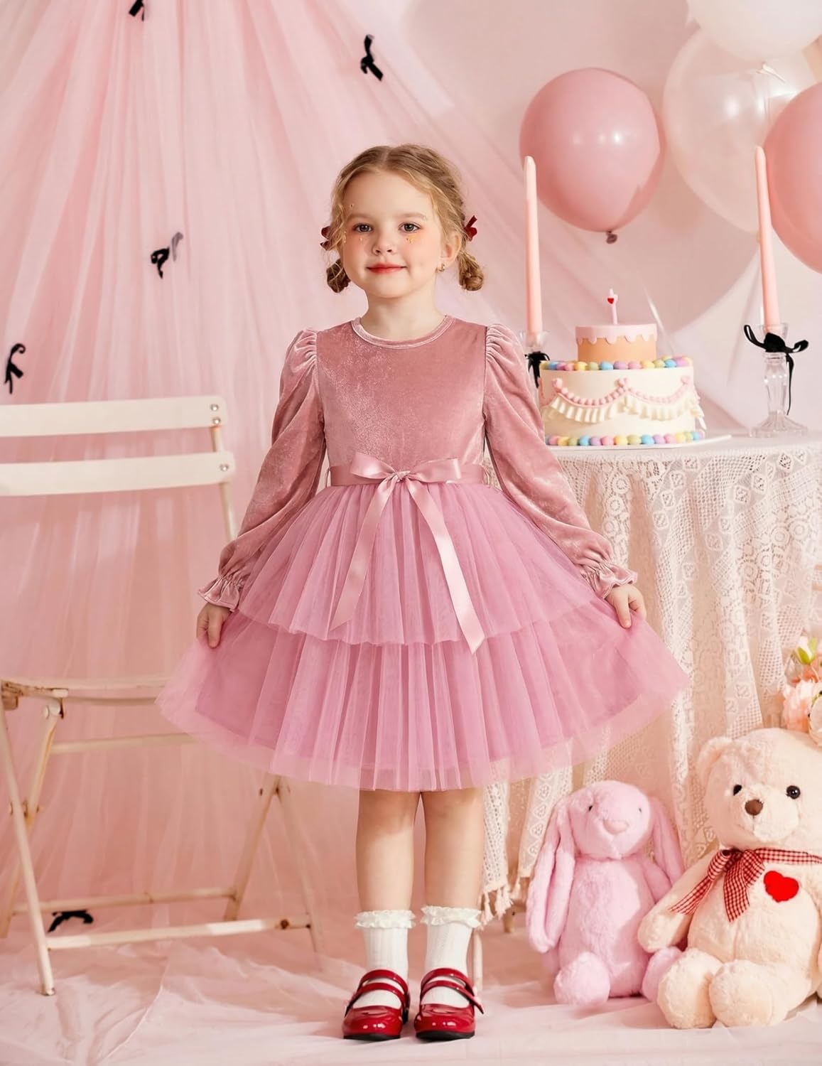 Arshiner Girls Velvet Tutu Dress Toddler Puff Long Sleeve Tiered Tulle Fall Winter Party Dresses with Ribbon - Image 2