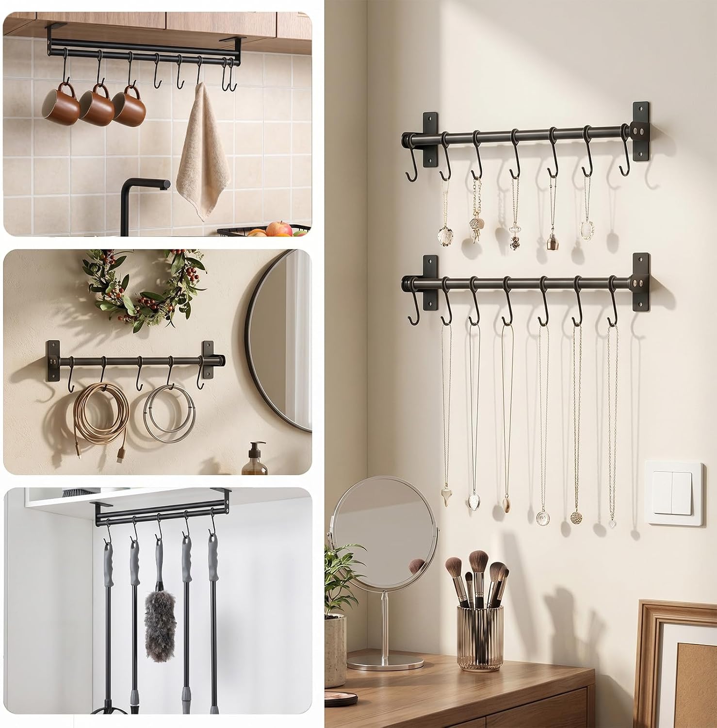 2Pcs Kitchen Utensil Holder Hanger, Utensil Hangers Wall Mount, Pot Hangers for Kitchen Wall Mount, 11.5 Inch Pot Rack Wall Mounted with 8 Hooks Each, Black Carbon Steel, for Hanging Pots, Pans
