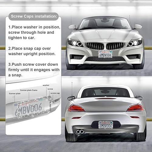 Vista 102 de Paquete de 2 marcos de matrícula brillantes para mujer, accesorios de automóvil con diamantes de imitación brillantes con tapas de cristal con Blanco