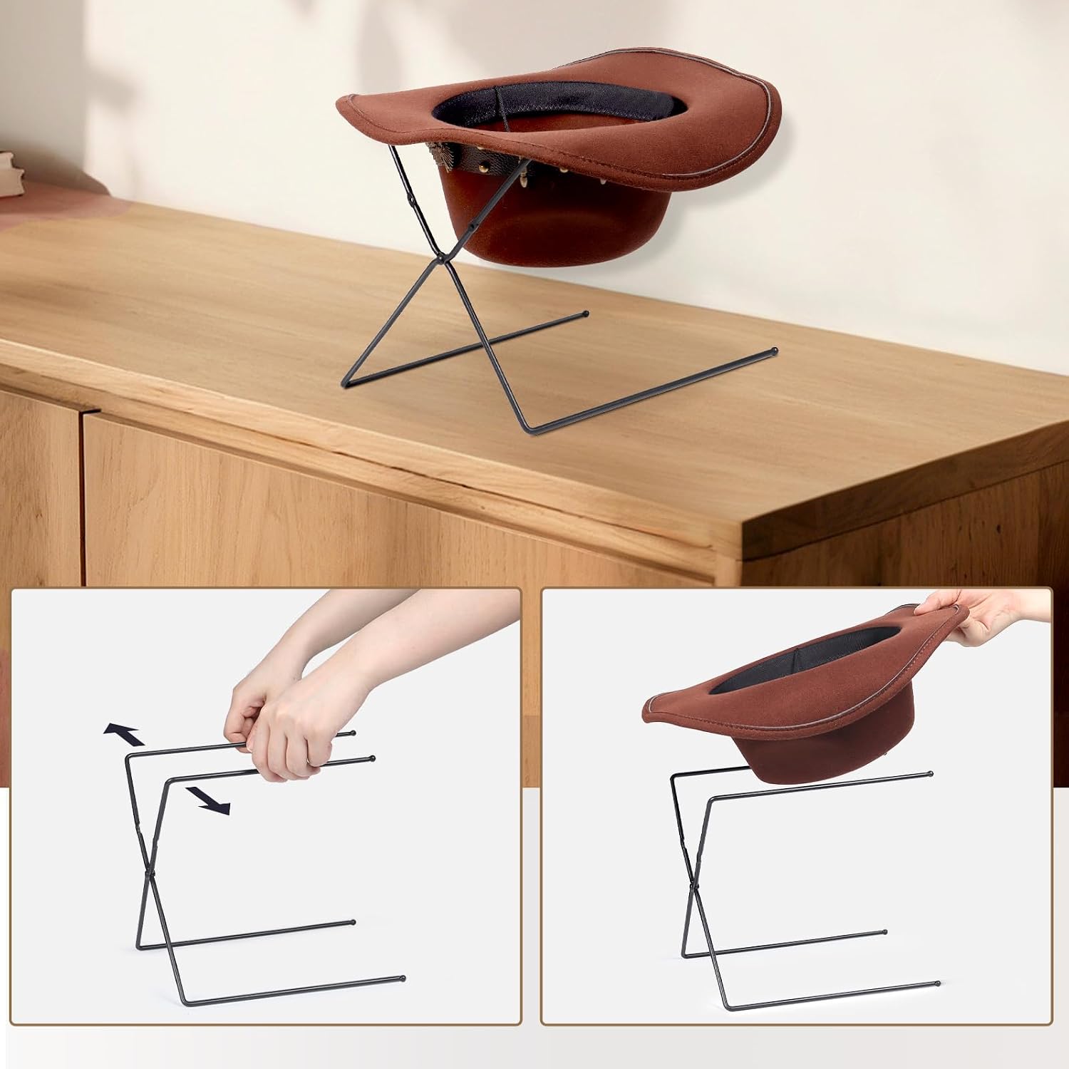 WOMACO Hat Stand for Display - Metal Cowboy Hats Display Rack Holder for Tabletop - Foldable & Easy to Storage (Black, 3 pack)
