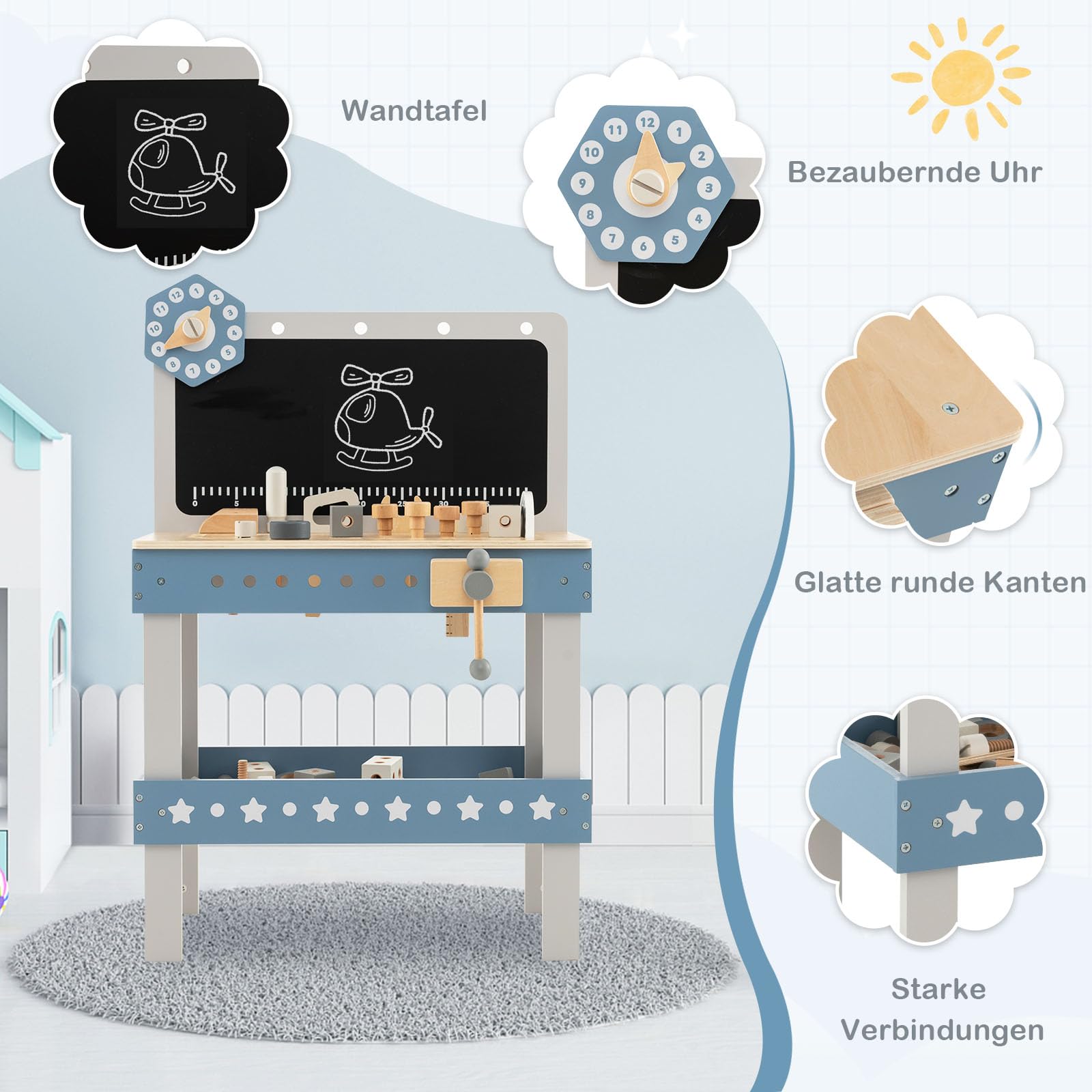 GOPLUS Kinder Werkzeugbank, Werkbank aus Holz mit Tafel, Uhr, Arbeitsplatte mit Steckplätzen & unterer Ablage, Kinderwerkbank mit 61 TLG. Zubehör für Jungen & Mädchen ab 3 Jahren