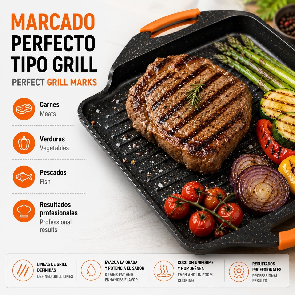 WECOOK! Ecochef Plancha Grill 45x26 cm, Antiadherente, Inducción | Aluminio fundido, Antiadherente 5 capas Quantanium, Asas silicona extraíbles, Apta inducción, gas y vitrocerámica