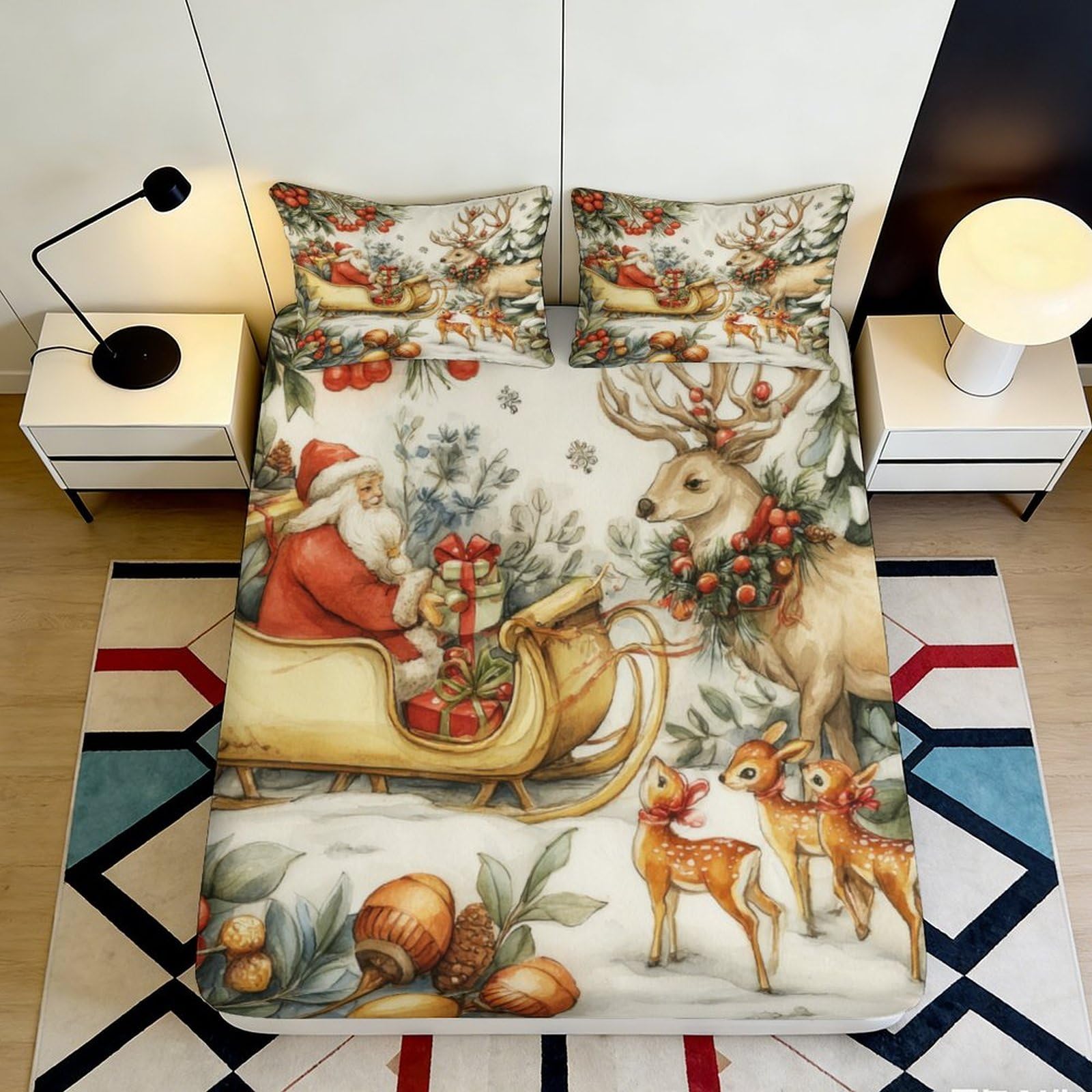 Dhbaneiok Style-10 3D Printed Christmas Santa Sleigh Fitted Sheet Microfiber Soft Reindeer Bed Cover For Bedroom Guest Room Decor 90X200x25cm