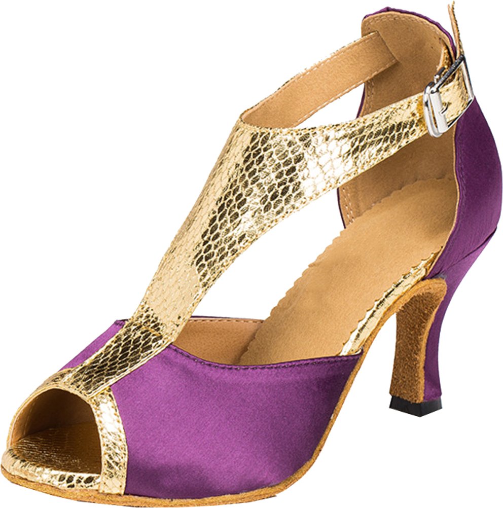 Donne Comfort T-bar Sala da ballo Latino Moderno Quadrato Danza Tango Cha-Cha Rumba Peep Toe Raso Professionale Scarpe da Ballo